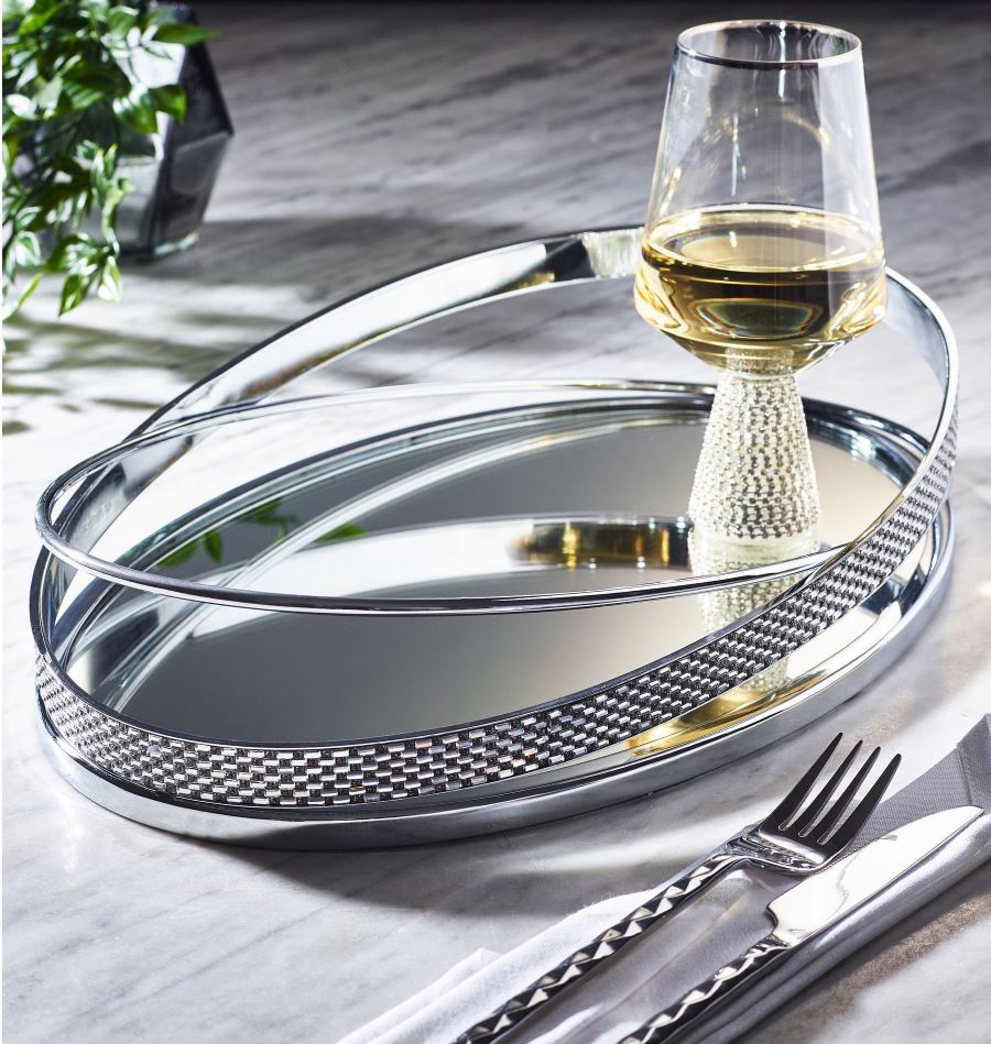 Harper Gem Tray: Silver Mirror Glass Metal Serving Tray