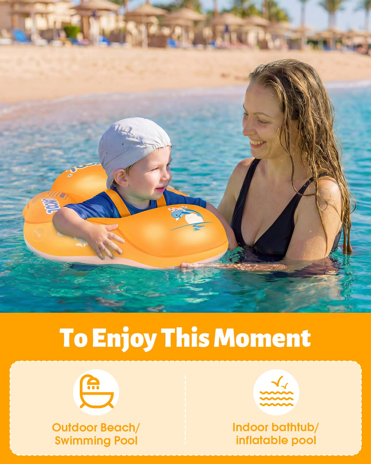LAYCOL Baby Swim Float with Sun Canopy — No-Flip Design, 3-36 Months, Orange