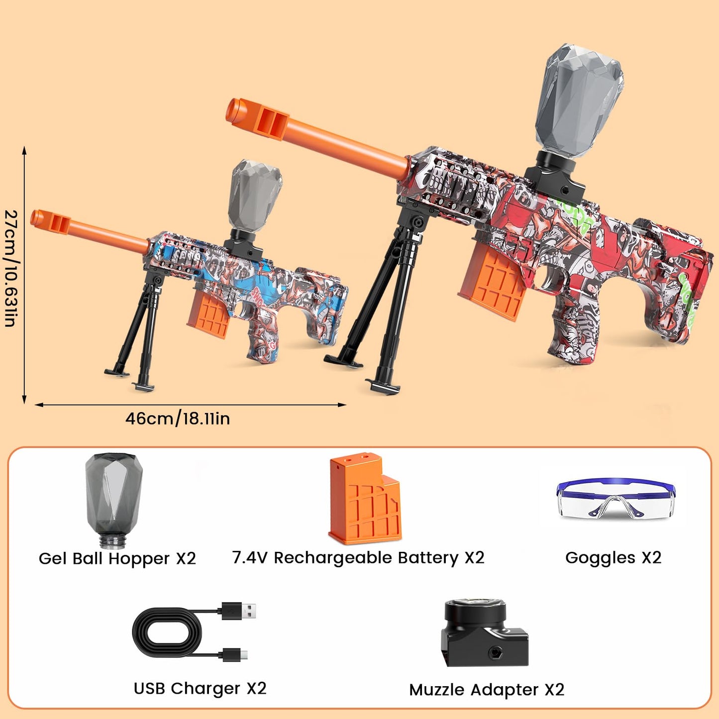 LAZZAROU 2 Pack Electric Gel Blaster — Full Auto Splatter, 11 Rounds per Second, 7.4V 500mAh