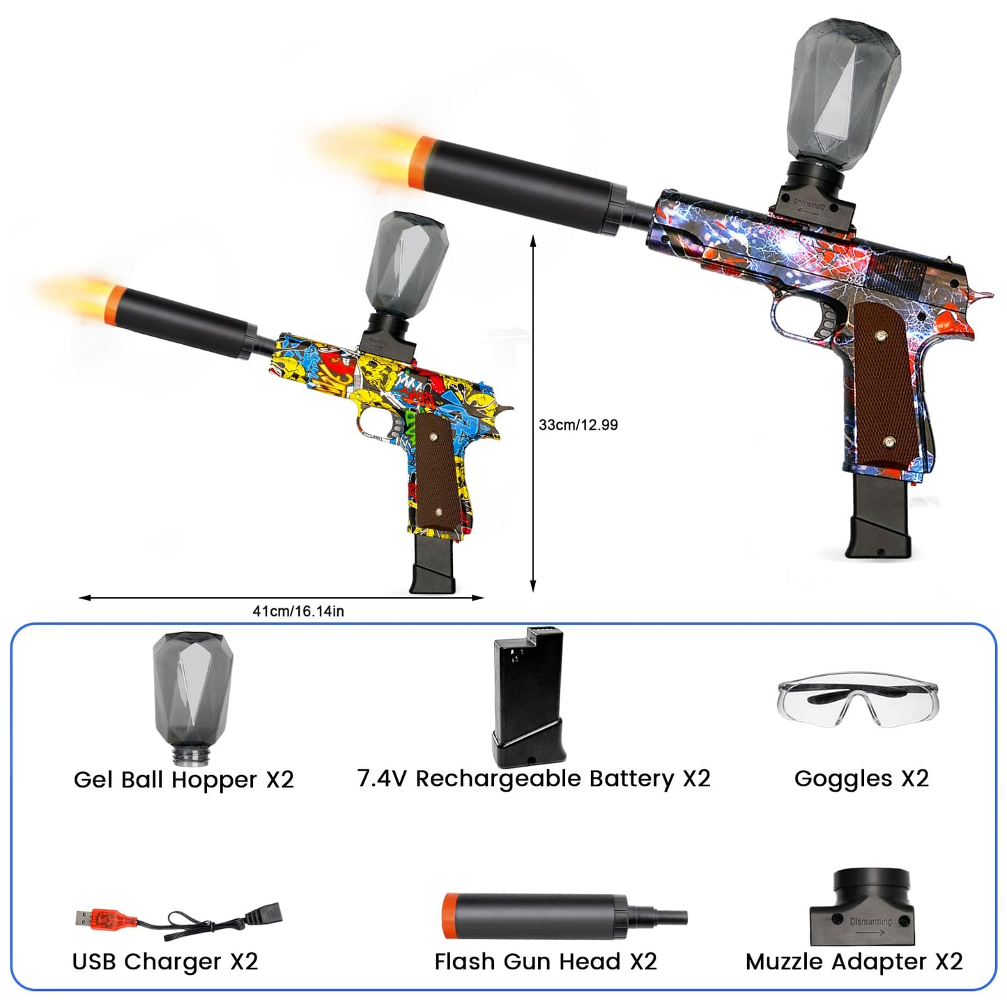 LAZZAROU 2 Set Electric Blaster Toys, Light Up Splatter Blasters - 11 Rs Per Seconds, 7.4V/500 mAh Batteries, Perfect for Outdoor Team Play Game Activities, Parties & Summer Fun, Ages 12 & Up