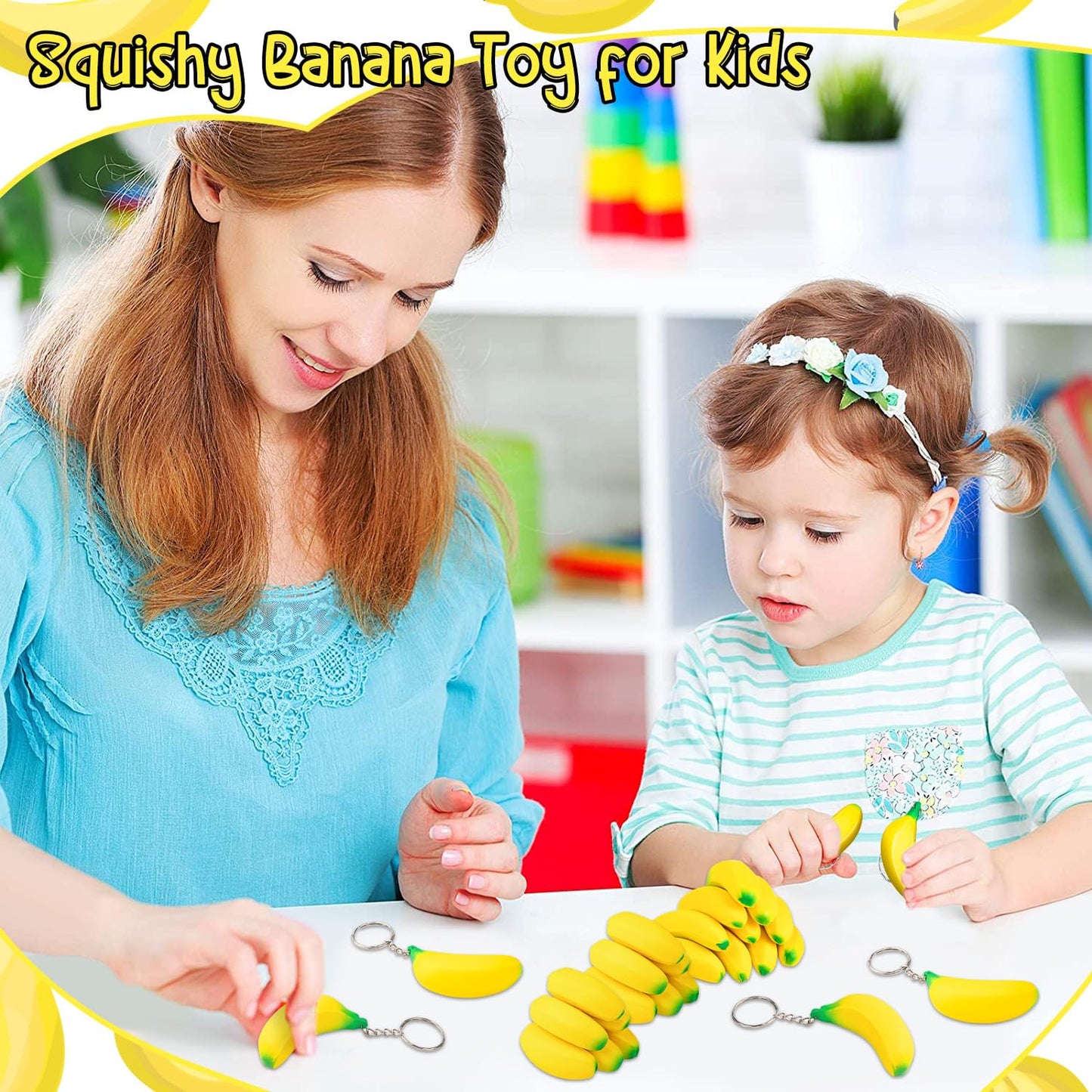 LBSXQGS 12Pcs Banana Keychains – PU Stress Toys, Mini Banana Fidgets, Party Favors & School Supplies