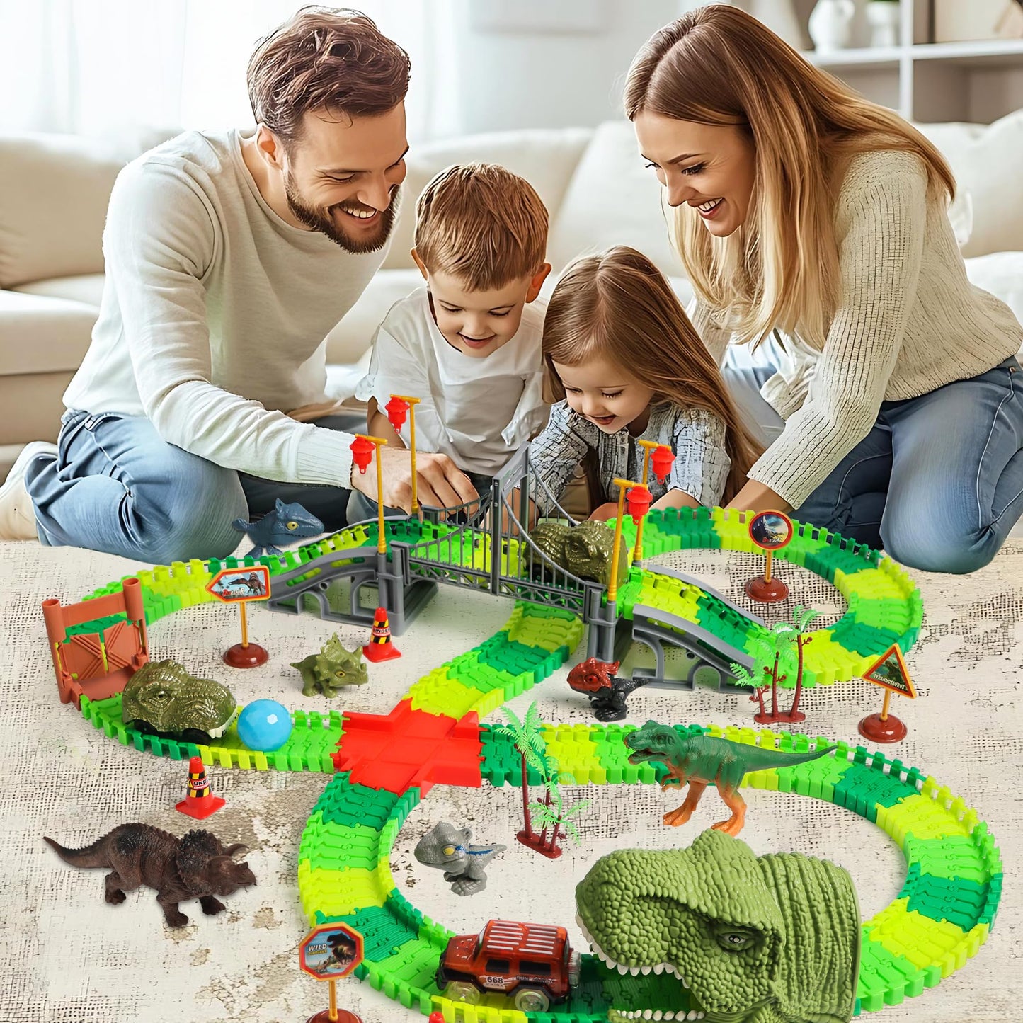 LCIMG Dinosaur Track Race Car Toys — Flexible Track Set for 3–7 Year Olds