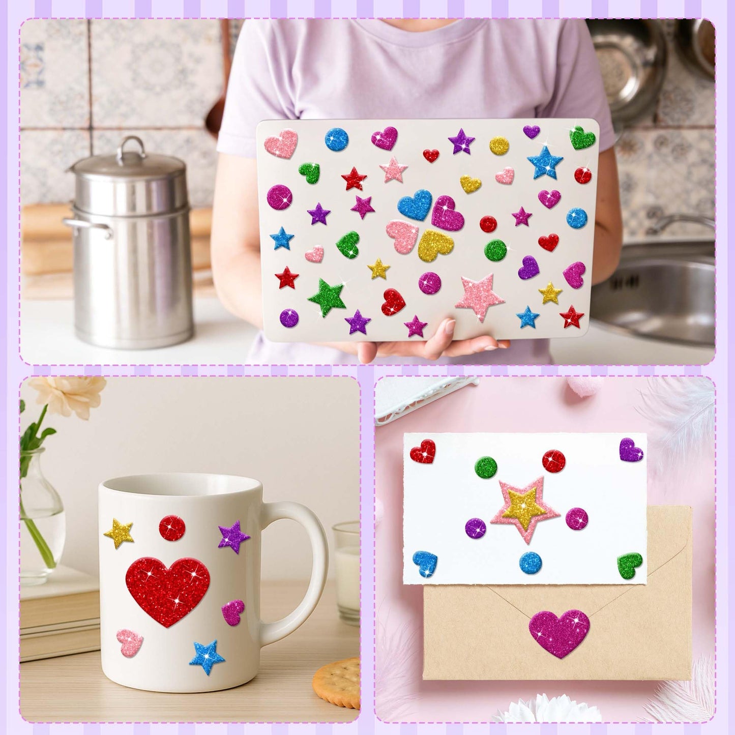 Lckaent Glitter Foam Stickers – 875 Pcs 3D Self-Adhesive Hearts Stars Circles for DIY Crafts