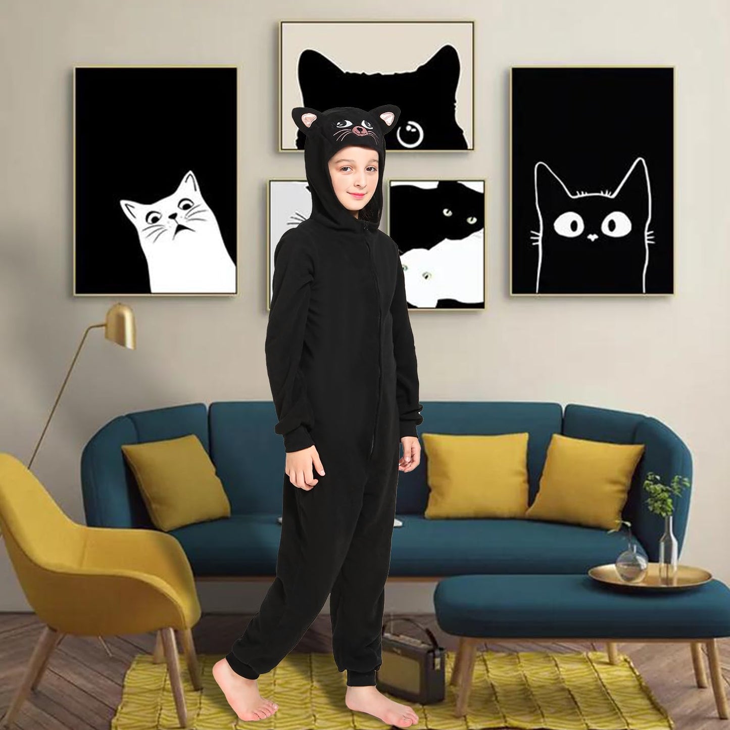 Leadtex Black Cat Costume Onesie for Kids | Unisex Halloween Dress-Up L8-10