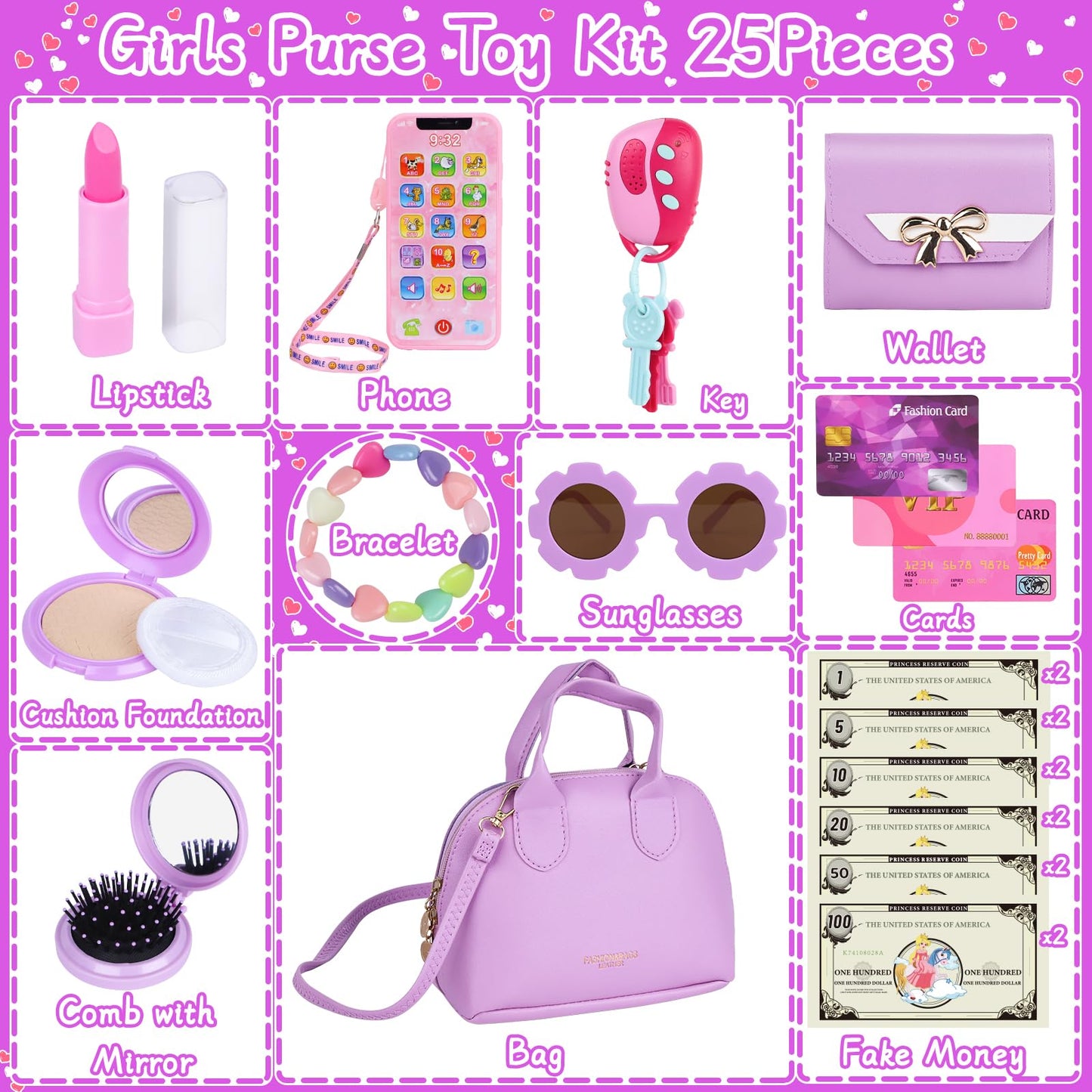 Learn2M Purple Play Purse for Girls 3-6 - Complete Pretend Play Set