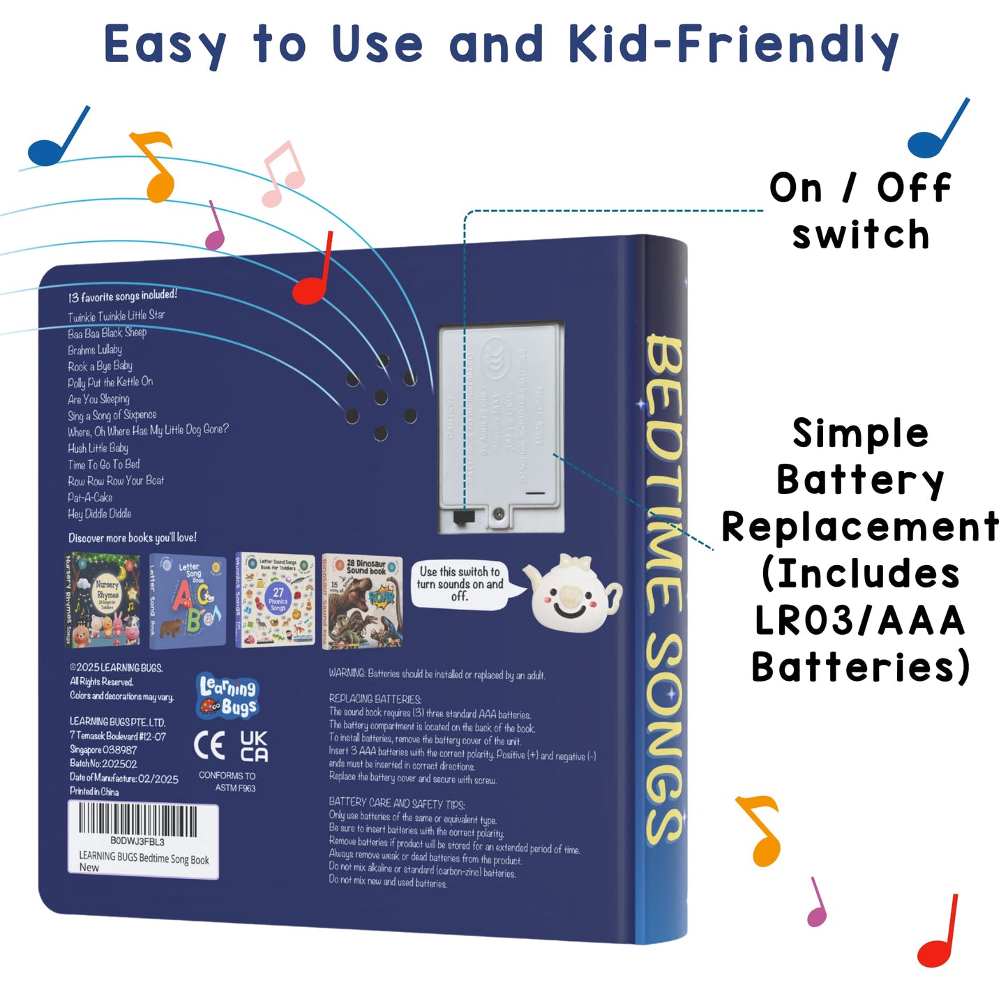 LEARNING BUGS Bedtime Songs – 13 Timeless Lullabies for Toddlers, 28-Button Musical Book, Kids’ Musical Toy