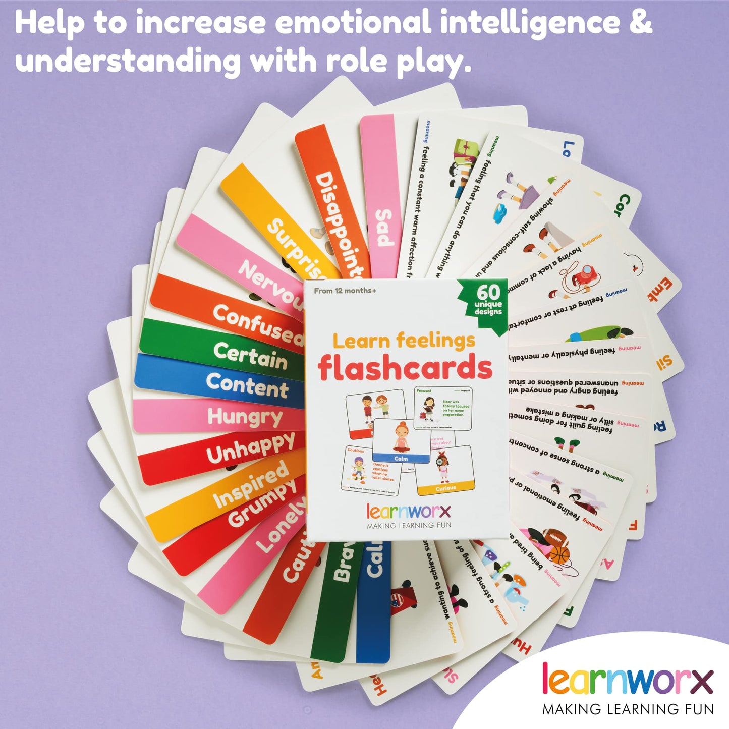 Learnworx Emotion Cards for Kids - 60 Mixed Emotions & Feelings Flash Cards
