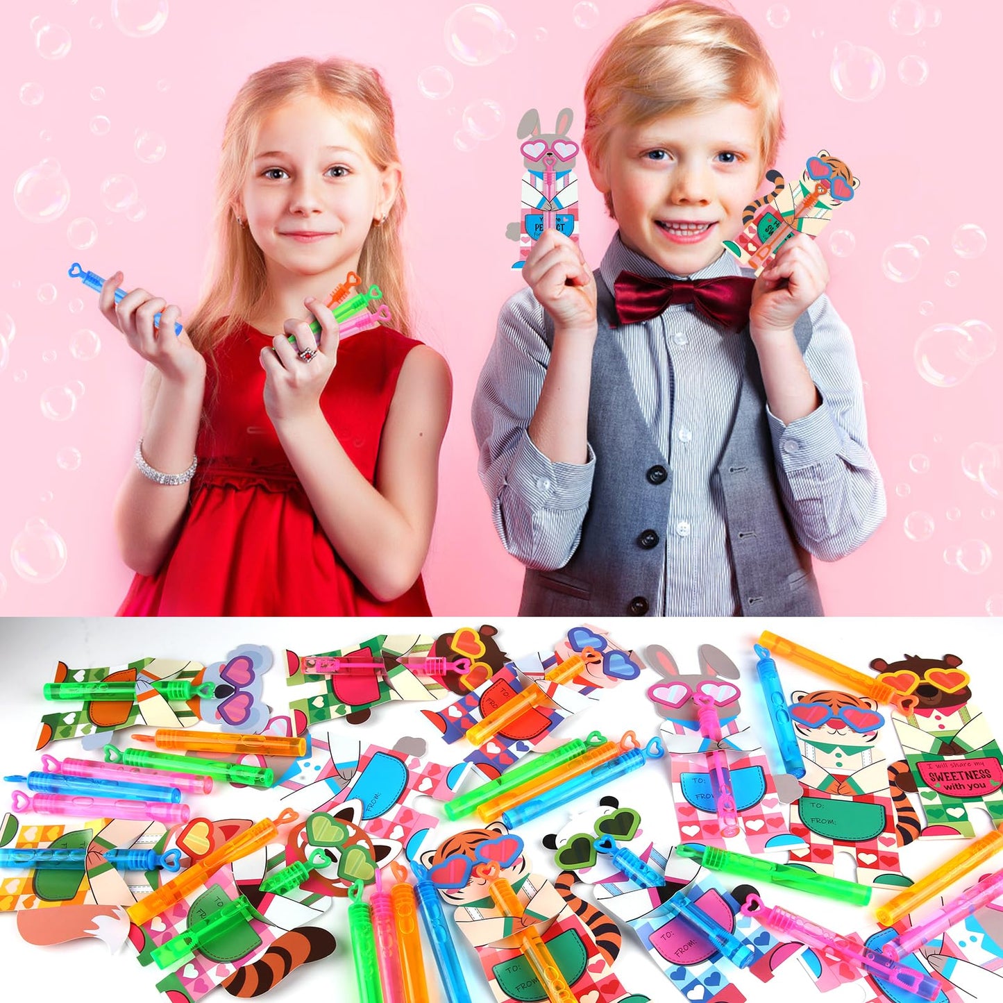 LEASEN Valentines Day Gifts for Kids – 32 Mini Bubble Wands with Animal Cards