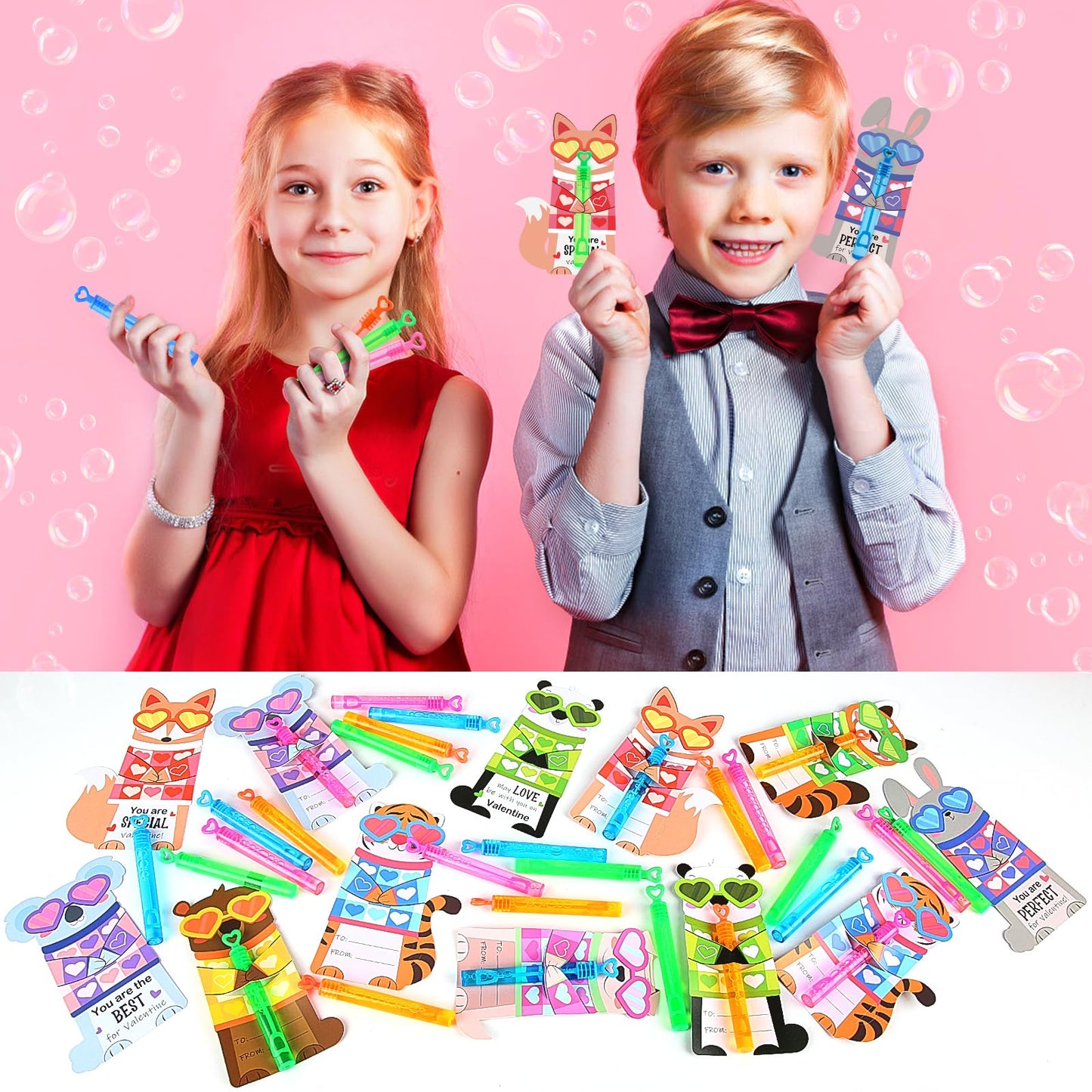 LEASEN 32-Pack Mini Bubble Wands & Valentine Animal Cards – Classroom Party Favors