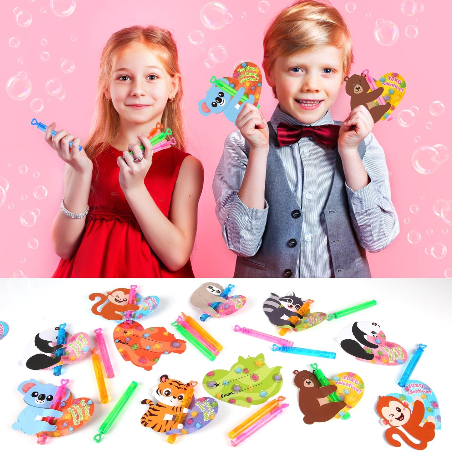 LEASEN Valentines Bubble Wands with Animal Cards — 28 Pack for Kids