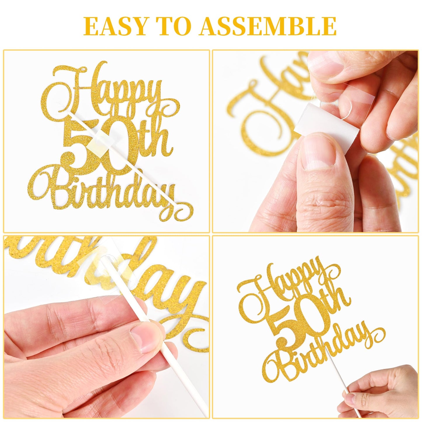 Lecferrarc 50th Birthday Cake Decorations – Glitter Happy 50th Toppers & Numeral Candles (Gold)