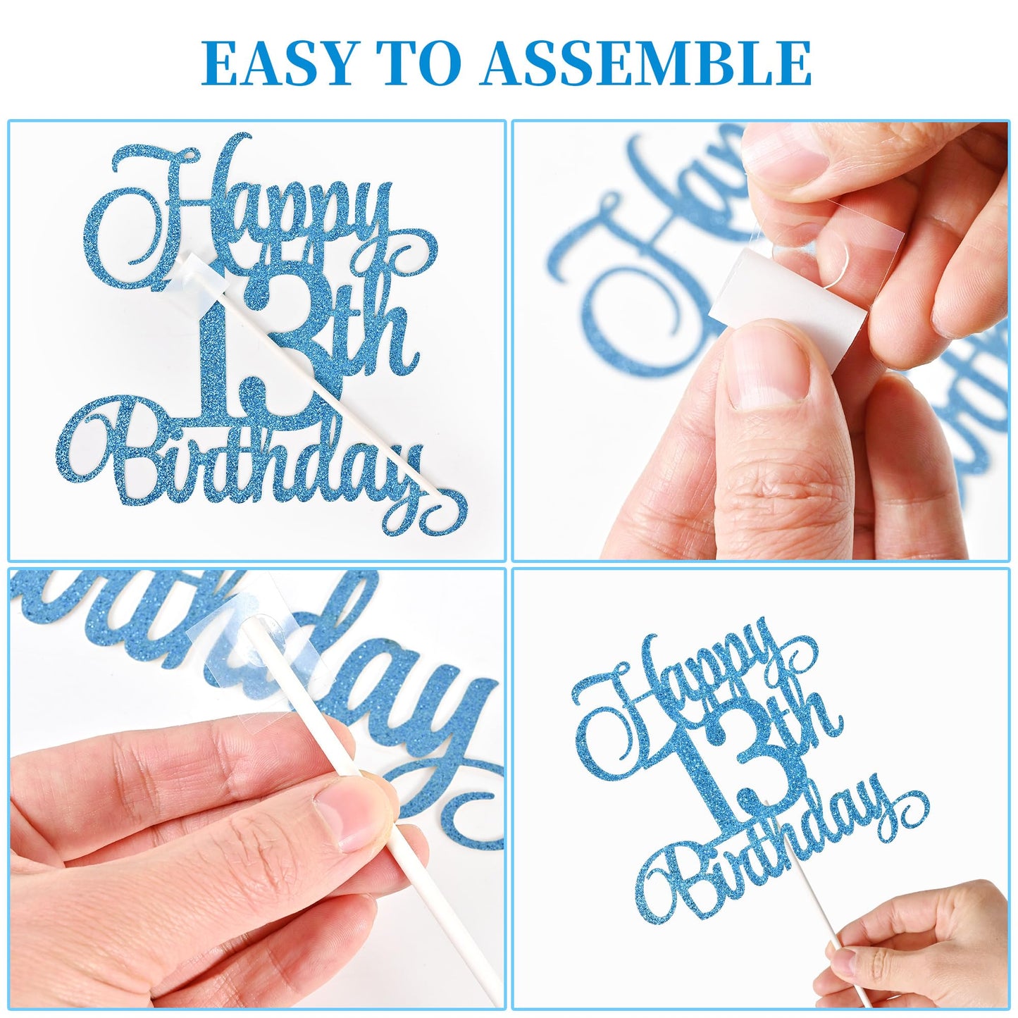 Lecferrarc 13th Birthday Cake Decorations – Glitter Topper Set with Numeral Candles (Blue)