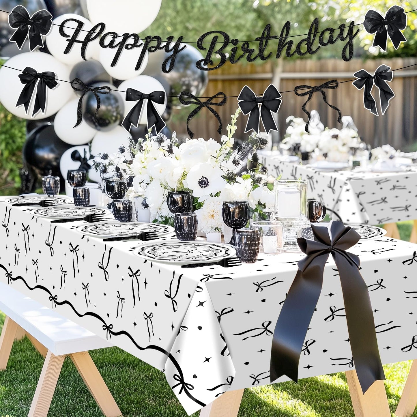 Lecheme Black Bow Birthday Decorations Kit | Elegant Coquette Party Supplies for 24 | Plates, Napkins, Banner & Tablecloth
