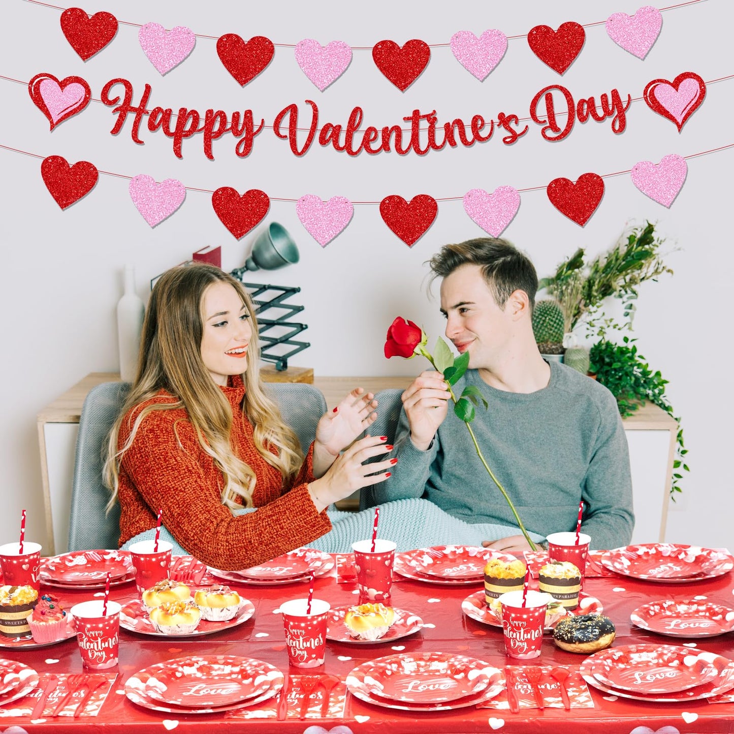 Lecheme Valentine’s Party Dinnerware Set – 192 Pcs for 24 Guests (Plates, Napkins, Cups, Table Cover & Banners)