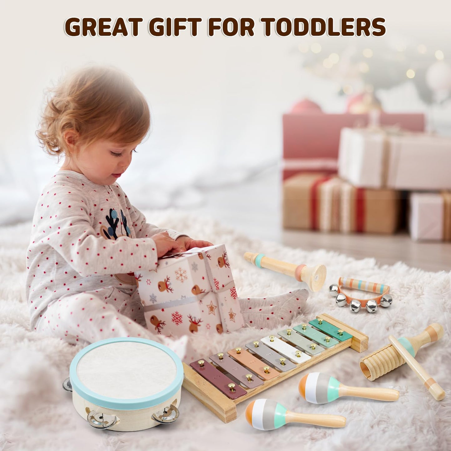 LeeQee Montessori Wooden Toys for Toddlers | Neutral Xylophone & Percussion Set