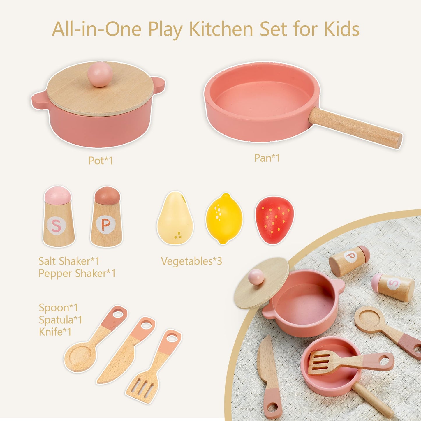 Leeshyah Pink Wooden Play Kitchen with Realistic Features – Pretend Cooking Toy for Kids 3+