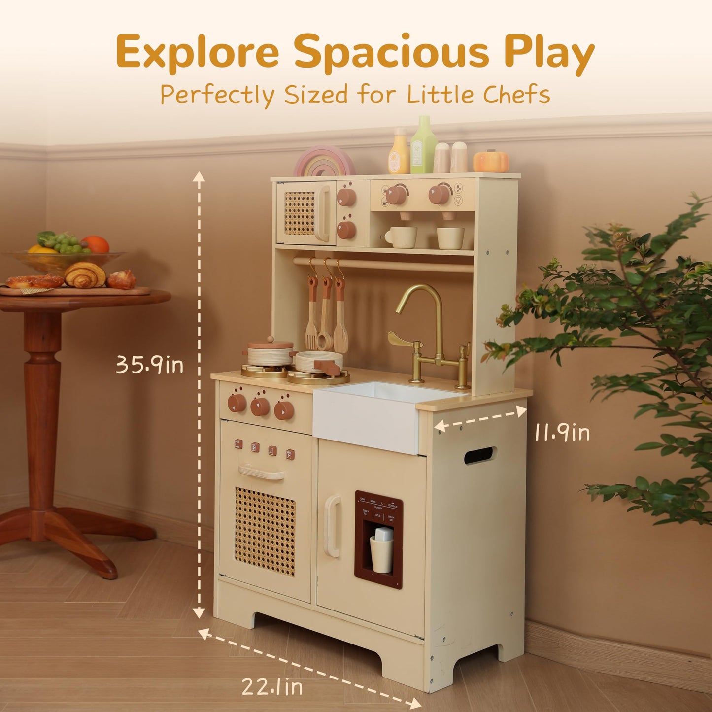 Leeshyah Play Kitchen for Kids – Wooden Interactive Kitchen Set with Realistic Features (Ages 3+)