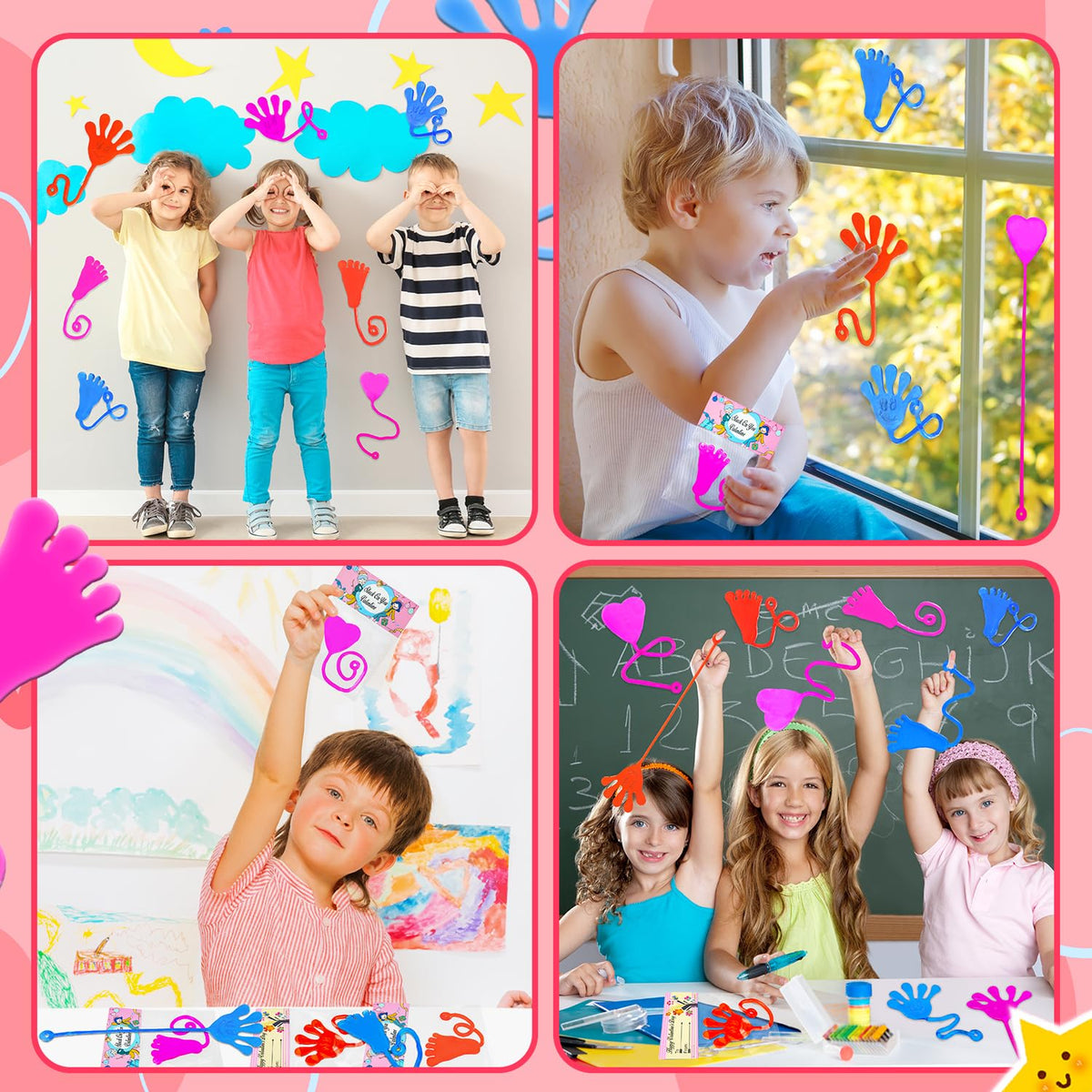 Leetous Valentines Day Gifts for Kids – 28-Pack Sticky Hands, Feet & Hearts with Class Exchange Cards