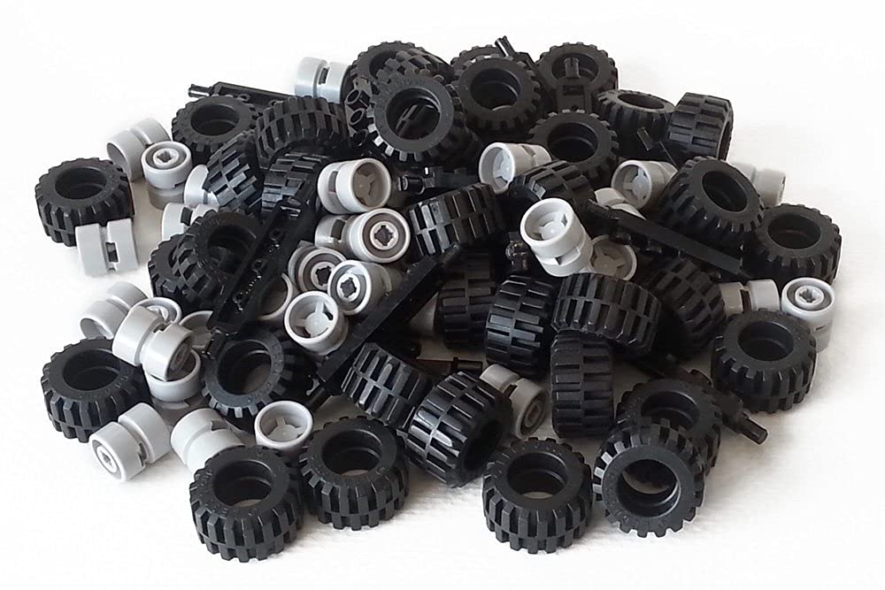 LEGO City Complete Wheel Assembly Lot — 20 Black Axles, 40 Rubber Tires, 40 Light Gray Hubs