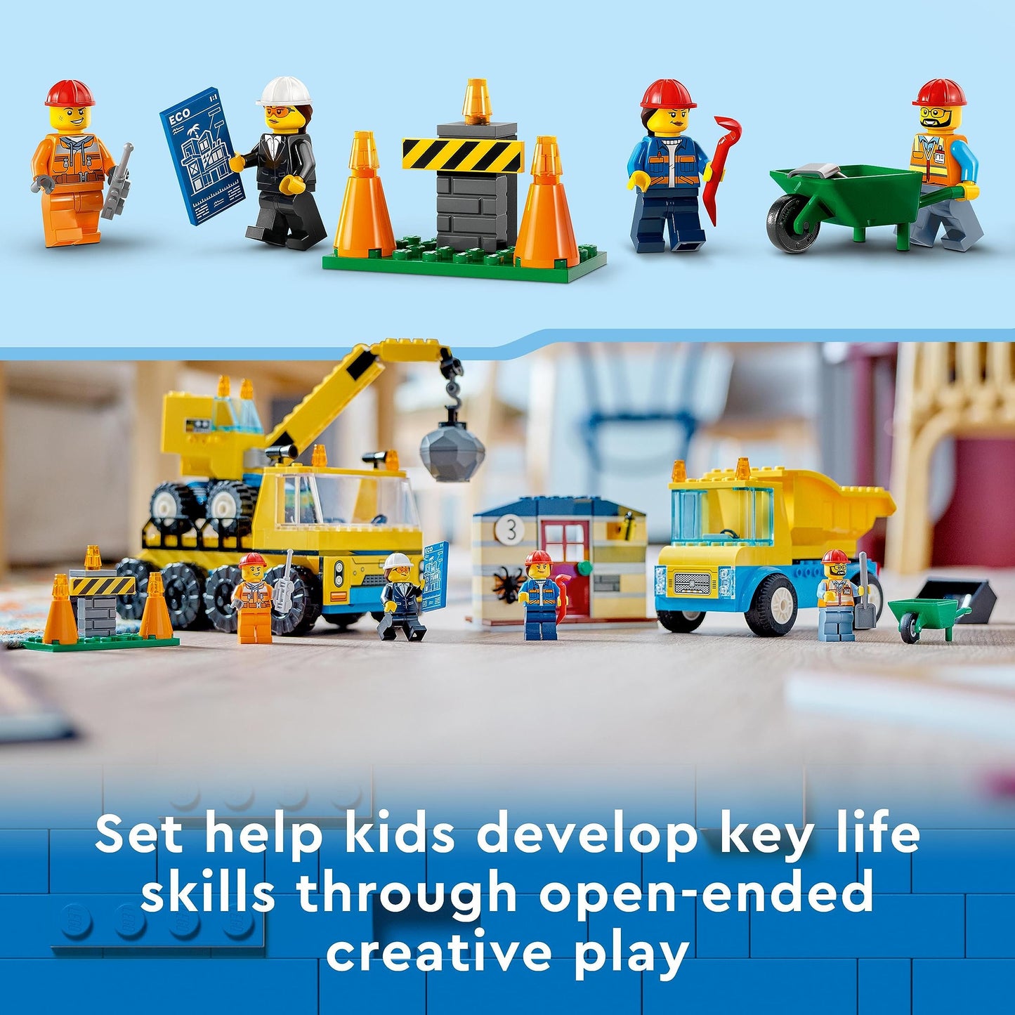 LEGO City Construction Trucks and Wrecking Ball Crane 60391 – 4+ Building Toy Set with 3 Vehicles, Abandoned House & Minifigures