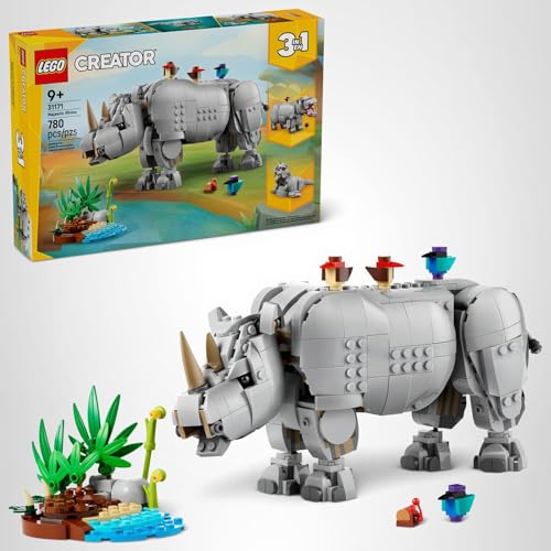 LEGO Creator 3-in-1 Wild Animals: Majestic Rhino with Birds (31171) – 780-Piece Build Toy for Kids Aged 9+