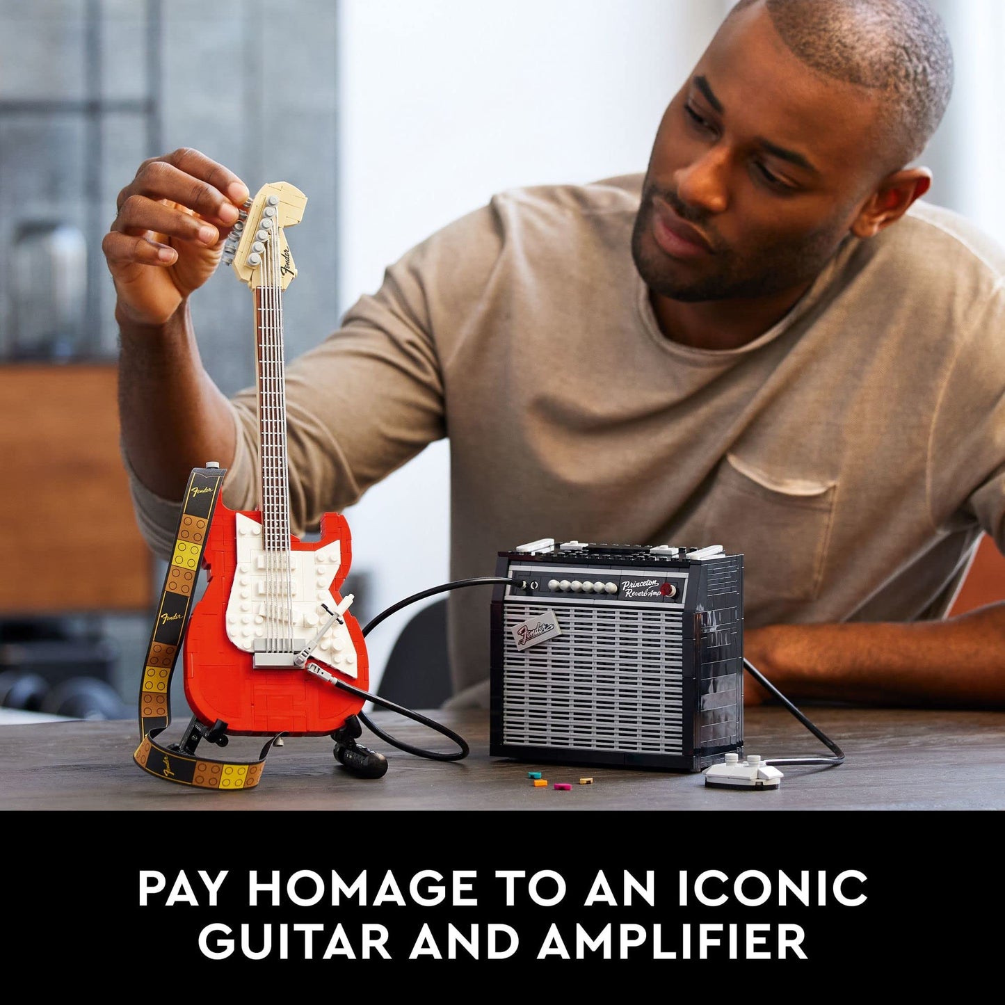 LEGO Ideas Fender Stratocaster 21329 Guitar Model with 65 Princeton Reverb Amplifier – DIY Display Kit