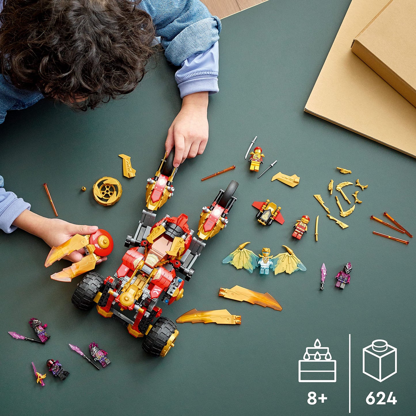 LEGO NINJAGO Kai’s Golden Dragon Raider 71773 – Multi-Terrain Car with Kai & Zane Minifigs | 624 Pieces | Ages 8+