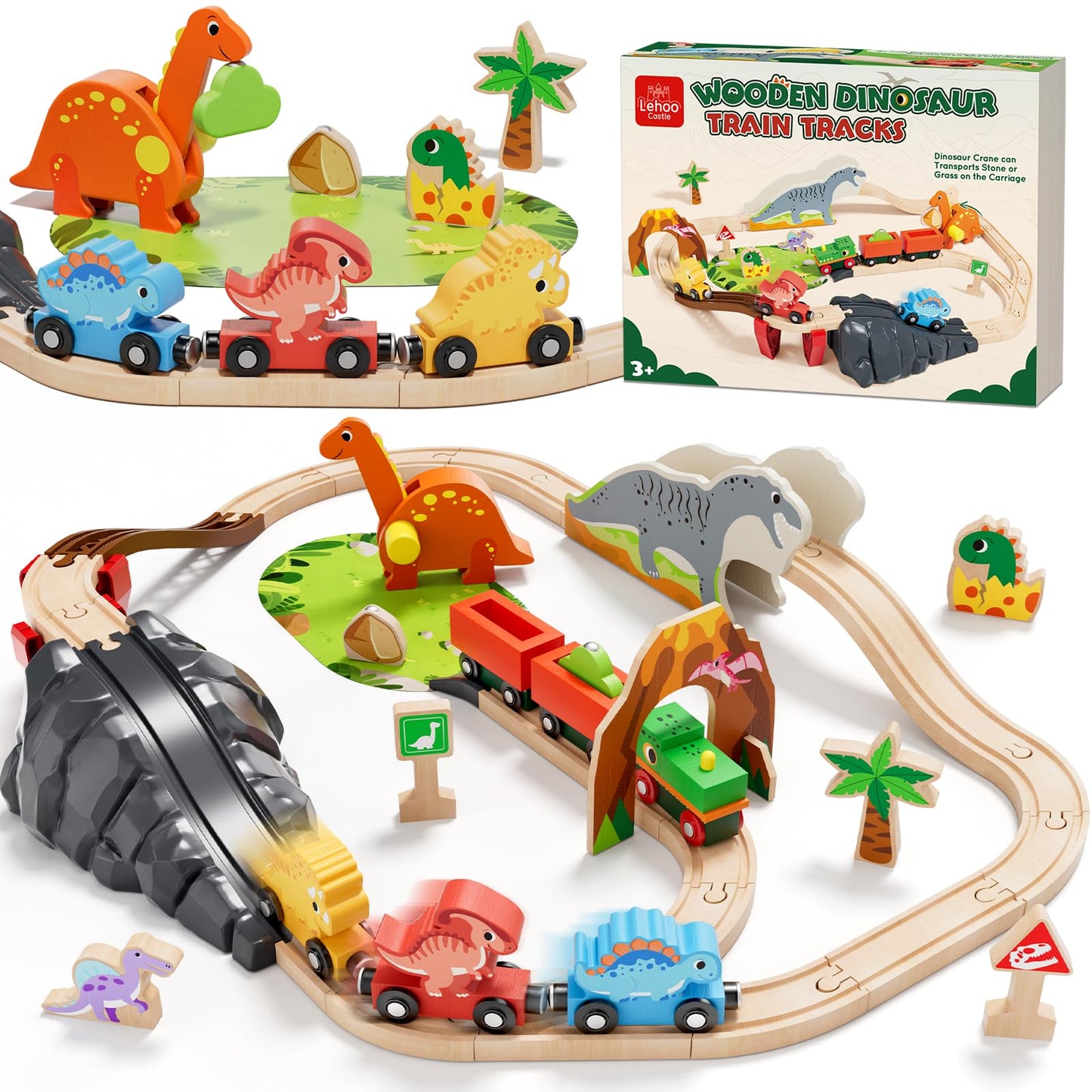 Lehoo Castle Wooden Dinosaur Train Set for Toddlers (2-4) – Open-Ended, Screen-Free Play