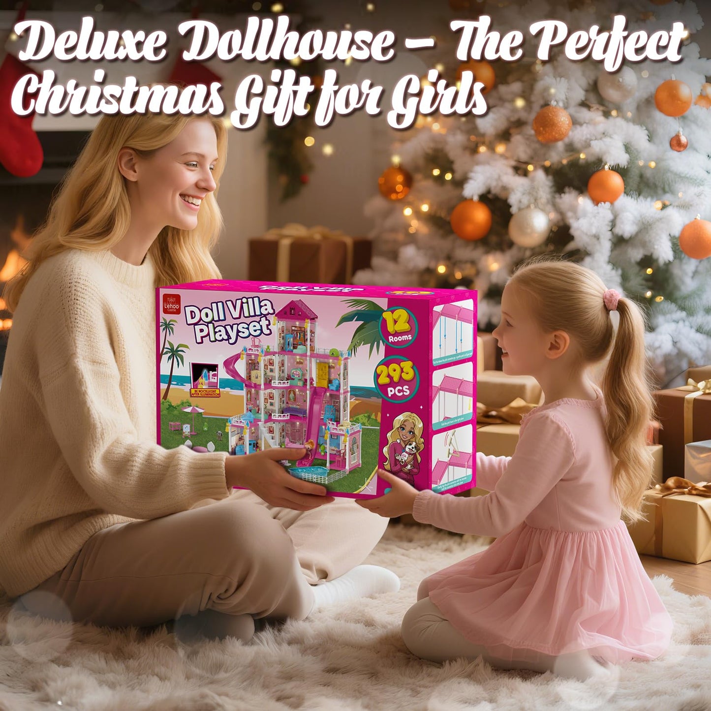 Lehoo Castle Doll House Dreamhome: 4-Story Playset with 12 Rooms & Lights
