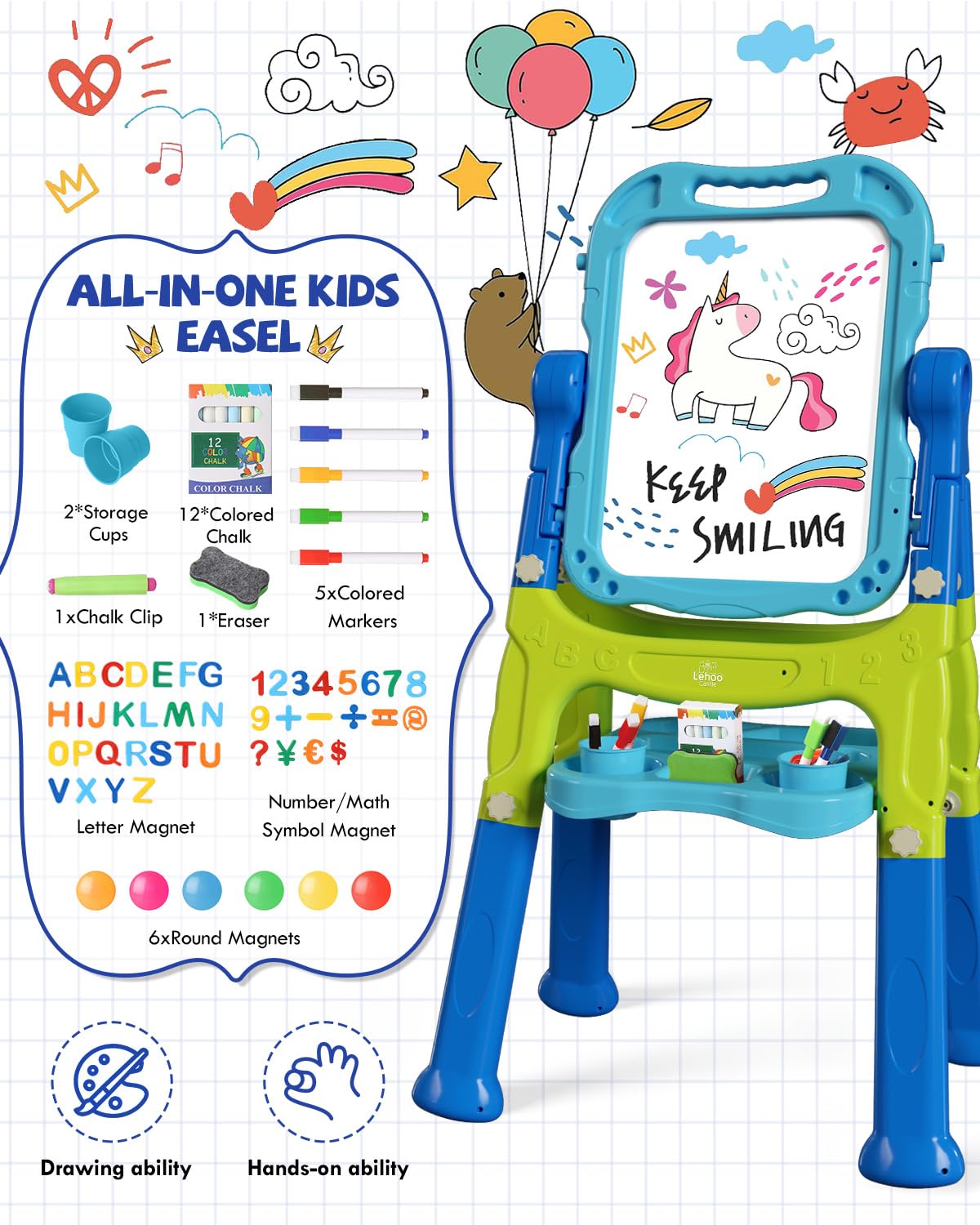 Lehoo Castle 4-in-1 Kids Easel | Adjustable, Double-Sided Magnetic Whiteboard & Chalkboard