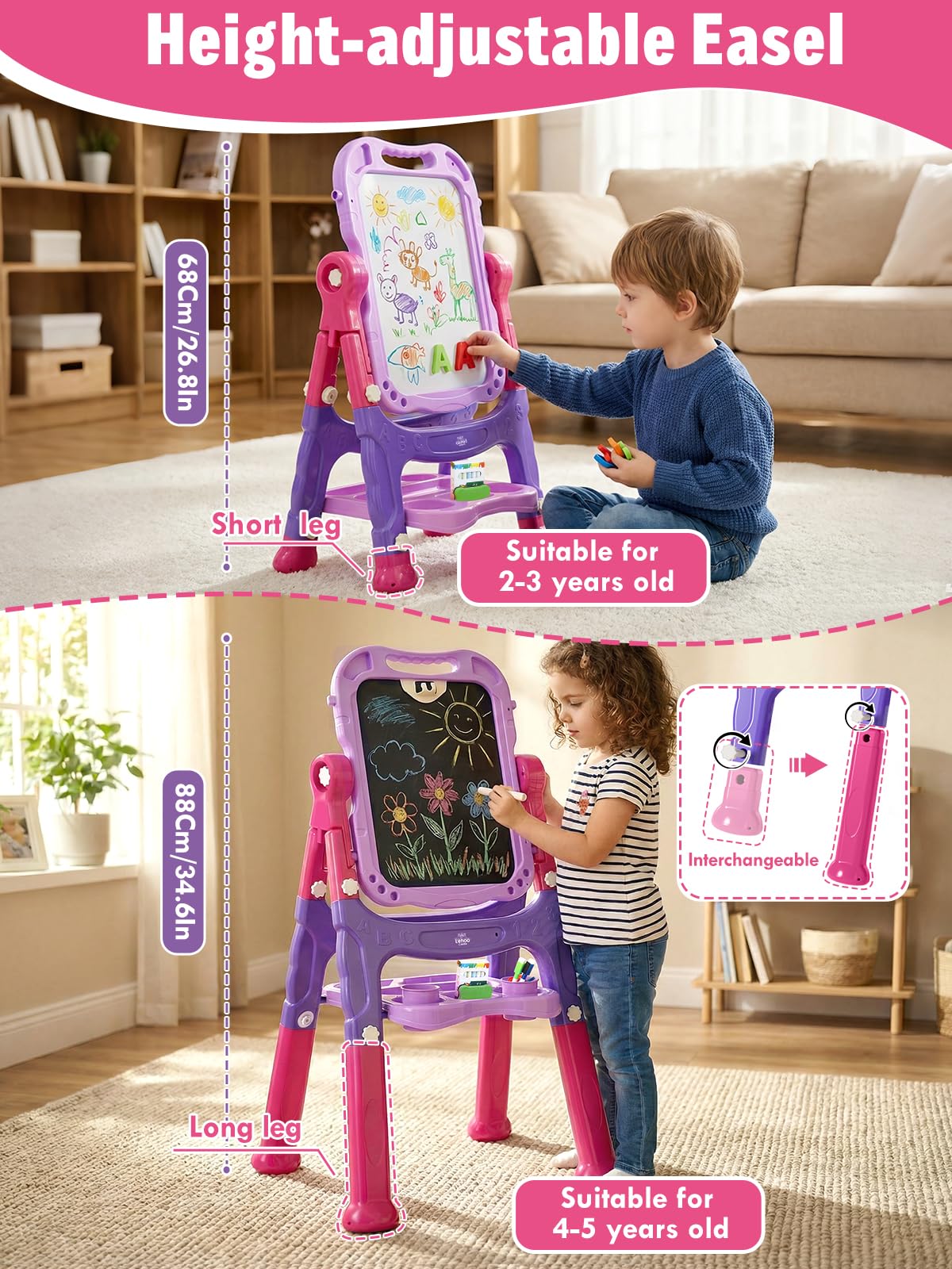 Lehoo Castle Easel for Kids – Double-Sided Chalkboard & Whiteboard, Adjustable Height, Portable Toddler Art Easel
