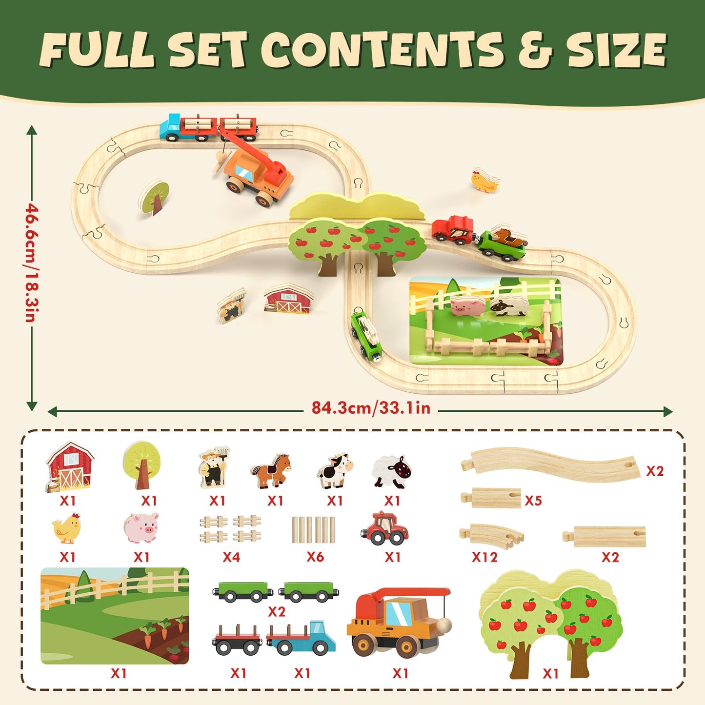 Lehoo Castle Wooden Train Set for Toddlers 2-4 – Farm Animals & Wooden Track