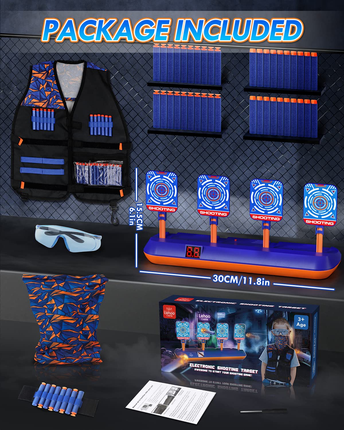 Lehoo Castle Electronic Shooting Targets – Auto-Reset Nerf Target Set with Vest, 60 Foam Bullets, Glasses