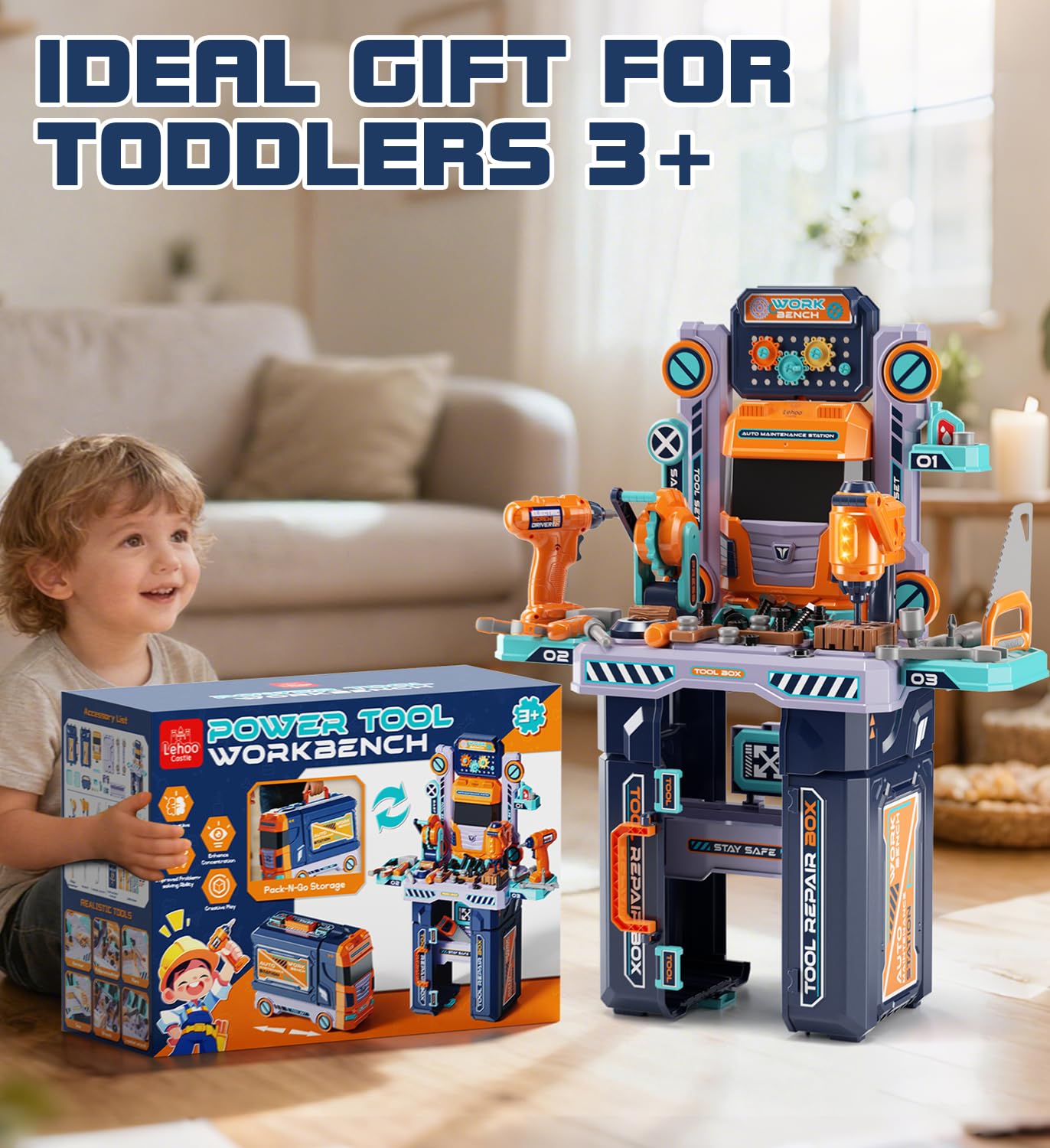 Lehoo Castle Kids Tool Bench (32.5 Inches Tall) — 2-in-1 Workbench & Toolbox with Electric Drill | Pretend Play Toy for Ages 3-5