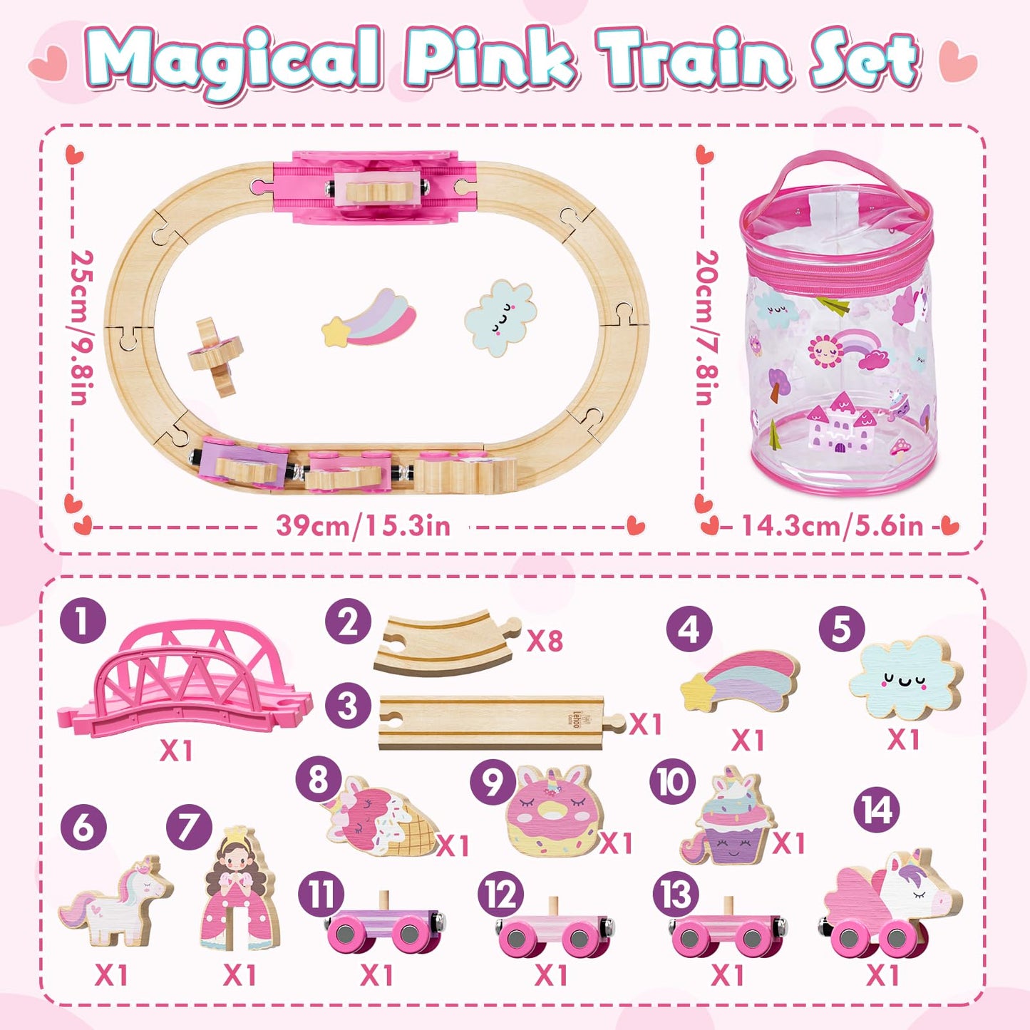 Lehoo Castle Wooden Unicorn Train Set for Toddlers 2-4 – Pink Train & Storage Bag