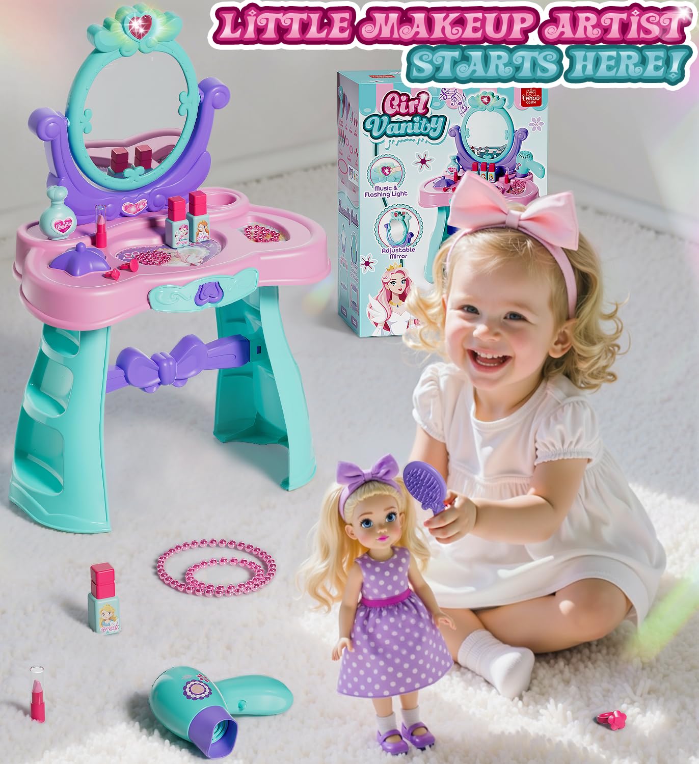 Lehoo Castle Kids Vanity Table & Chair Set — Mirror, Lights & Music for Dress-Up Play