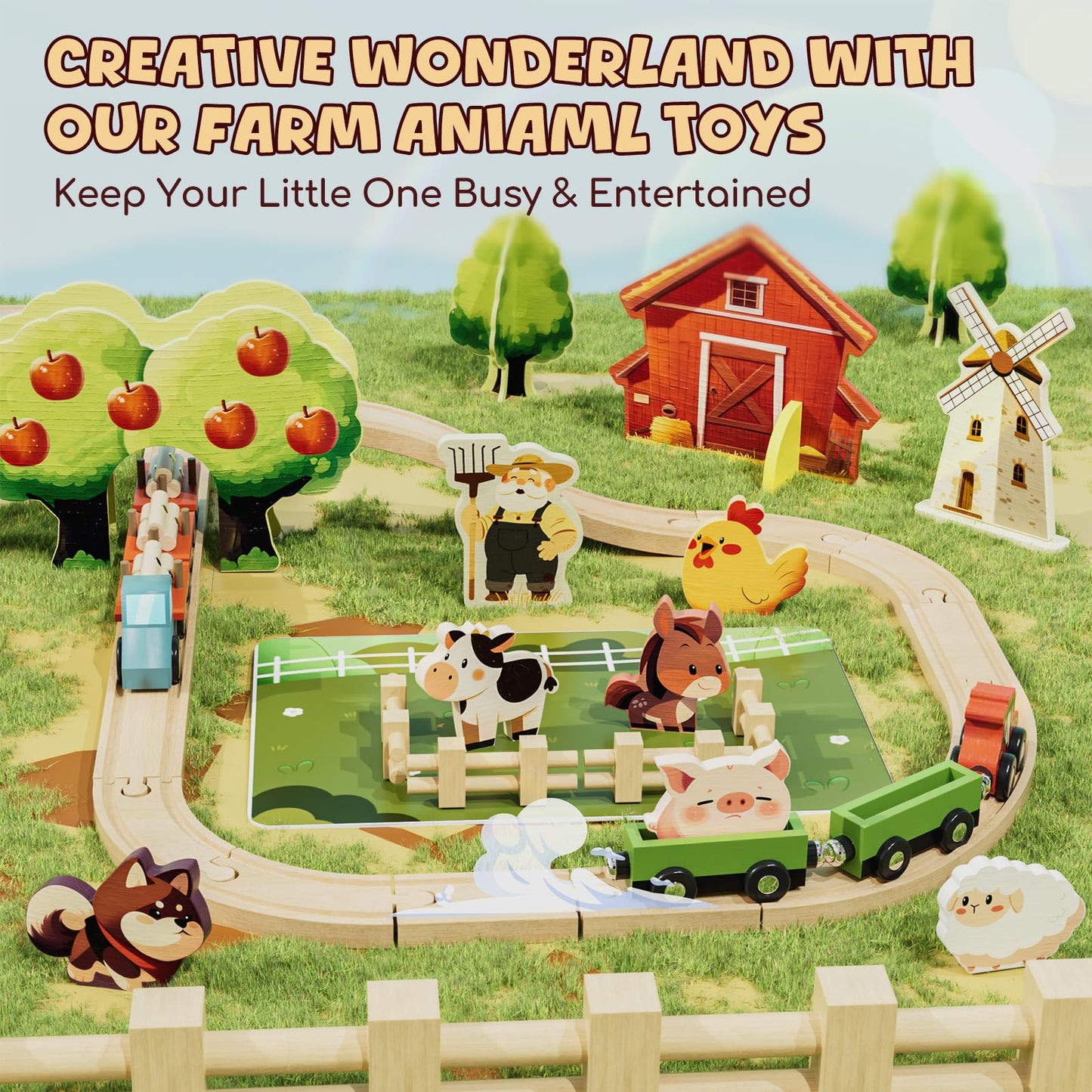 Lehoo Castle Wooden Train Set for Toddlers 2-5 — Farm Animals & 72-Piece Track