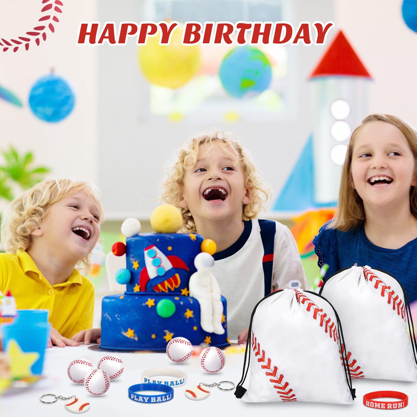 LEIFIDE Baseball Party Favors 48 Pcs Set – 12 Drawstring Bags, 12 Bracelets, 12 Keychains, 12 Foam Stress Balls