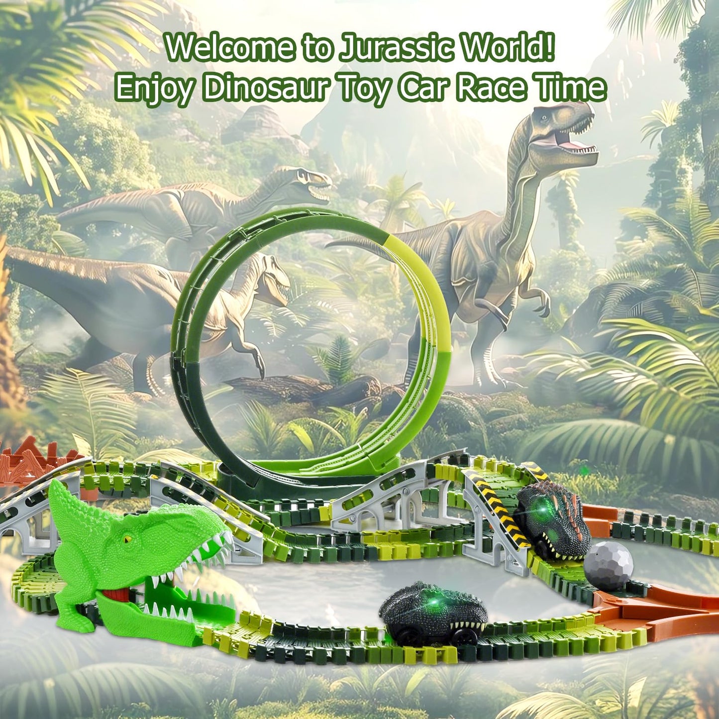 LEIWUS Dinosaur Track Playset – 286-Piece Flexible Race Car Set with 2 LED Dinosaurs