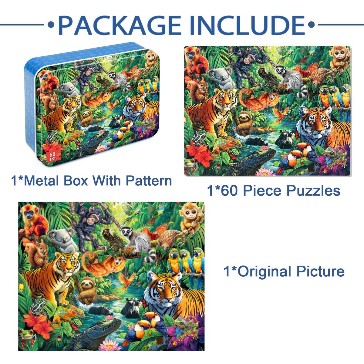 LELEMON Jungle Puzzle for Kids 4-6 – 60-Piece Jigsaw in Metal Storage Box