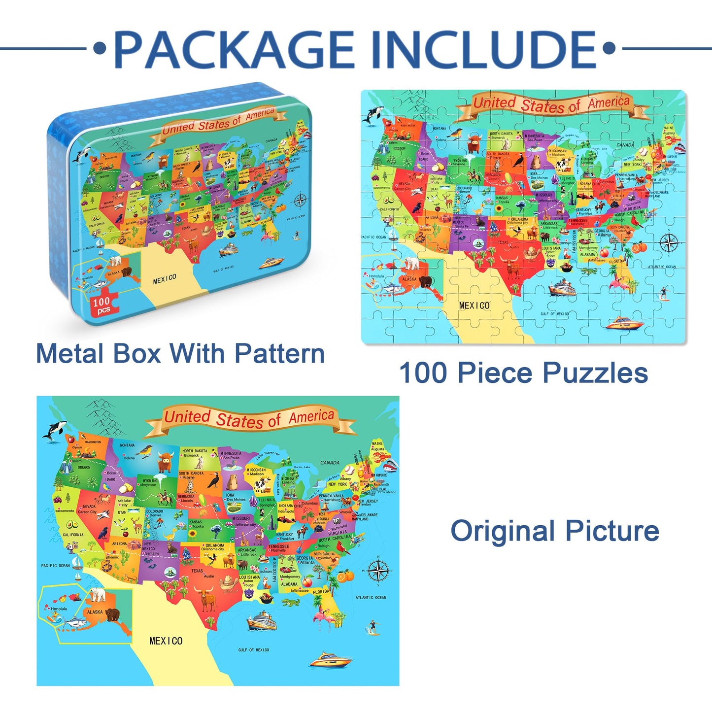 LELEMON USA Map 100-Piece Puzzle for Kids 4-8 in Metal Box | Educational Jigsaw