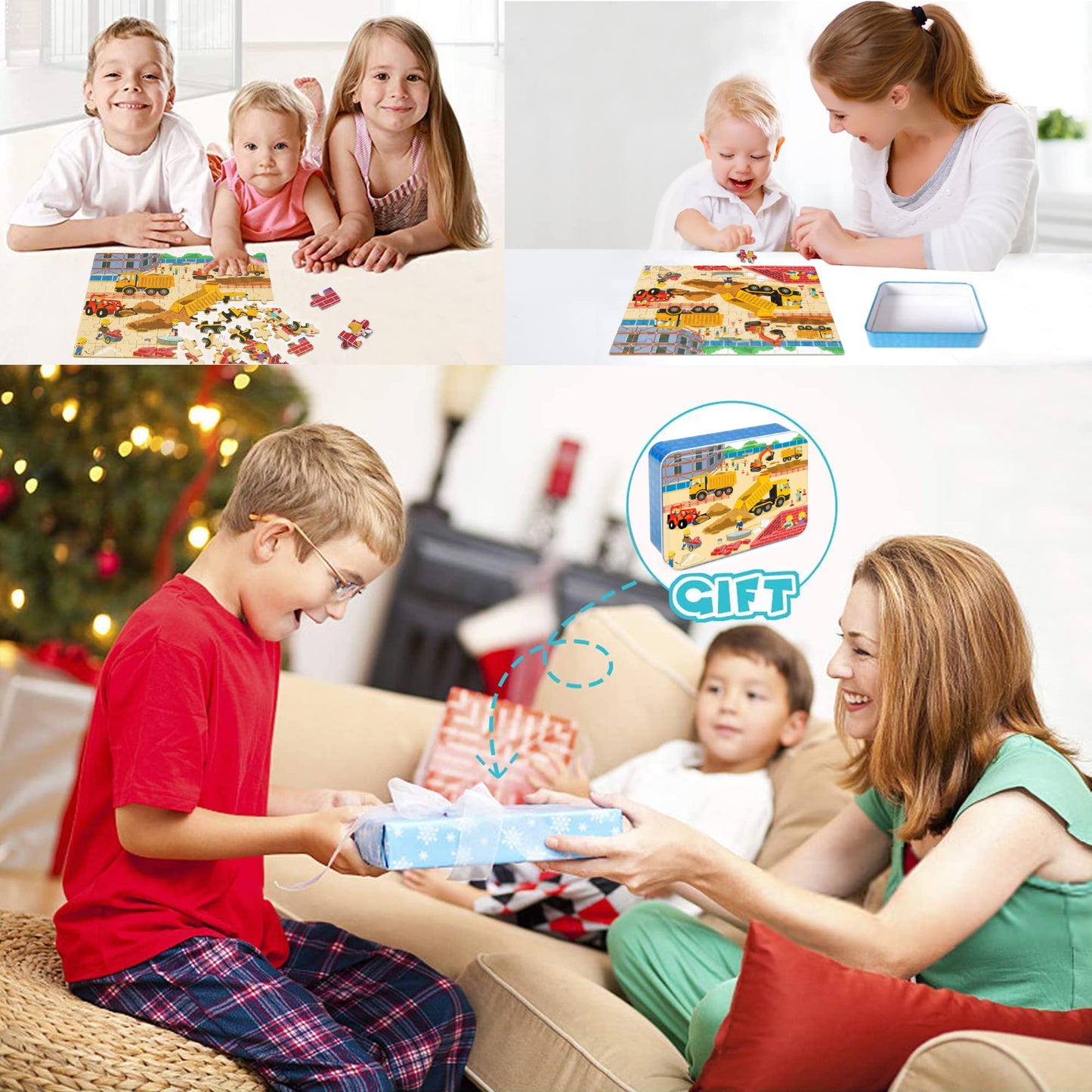 LELEMON 100-Piece Jigsaw Puzzles in Tin Box – Construction Site Vehicles for Kids 4-8