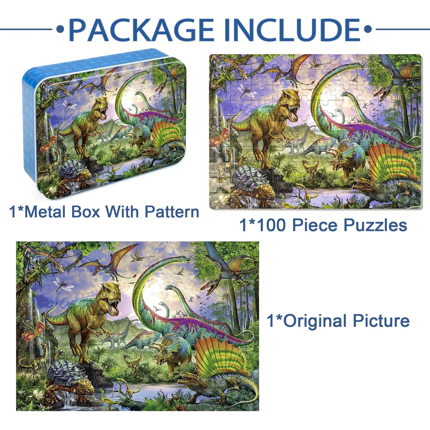 LELEMON Dinosaur Puzzle – 100-Piece Jigsaw for Kids 4-8 in Metal Box