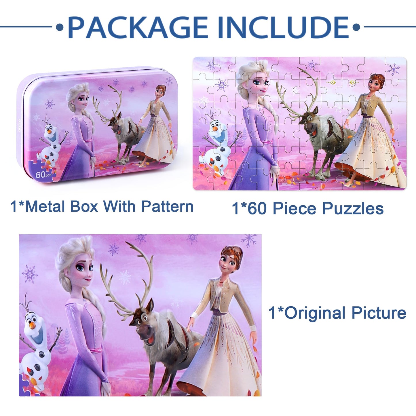 LELEMON Pretty Puzzles for Kids 4-6 — Snowmen 60-Piece Jigsaw in Metal Box