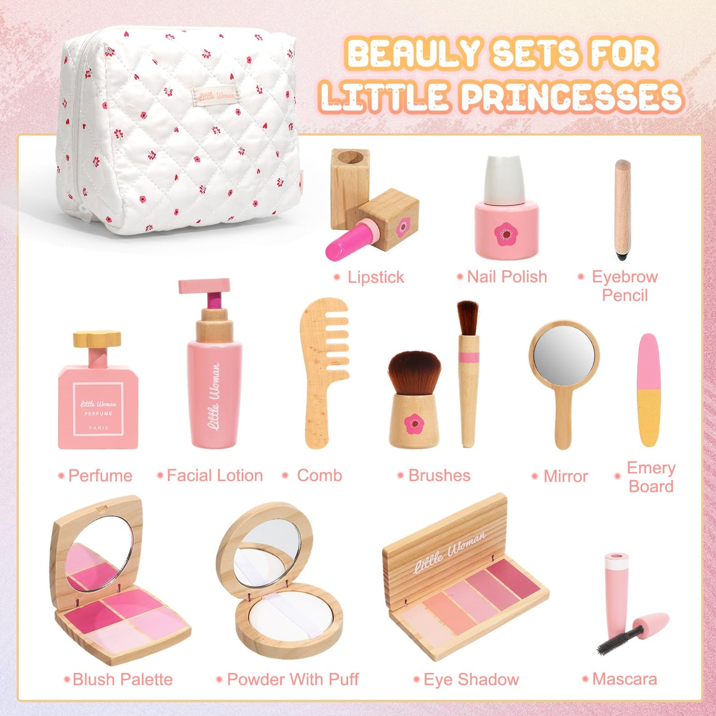 Lemofix Wooden Pretend Makeup Kit for Toddlers – Non-Toxic, Mess-Free Play Makeup Toy Set for 2–4 Year Old Girls