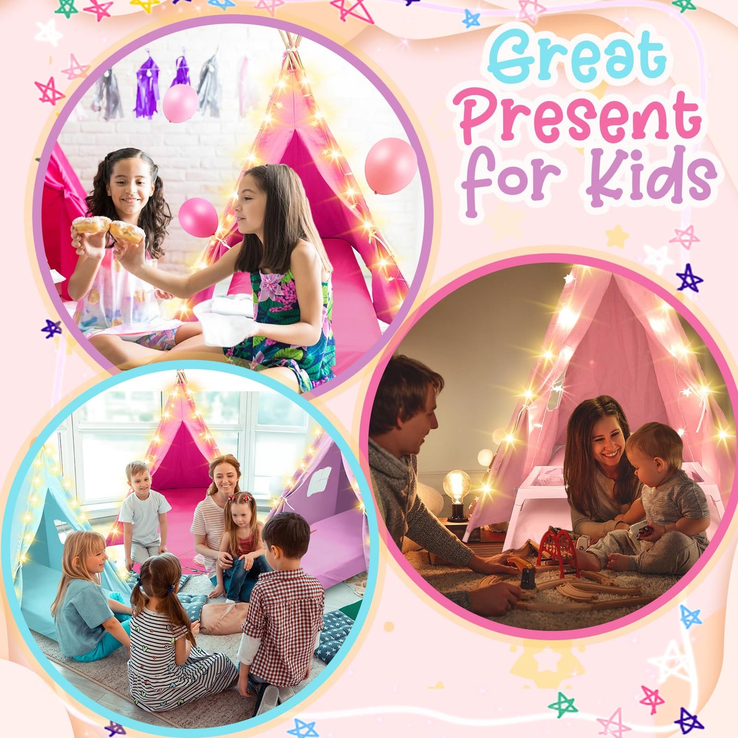 Lemosae 4-Pack Teepee Tents Sleepover Kit for Kids — Lights, Air Beds & Sheets