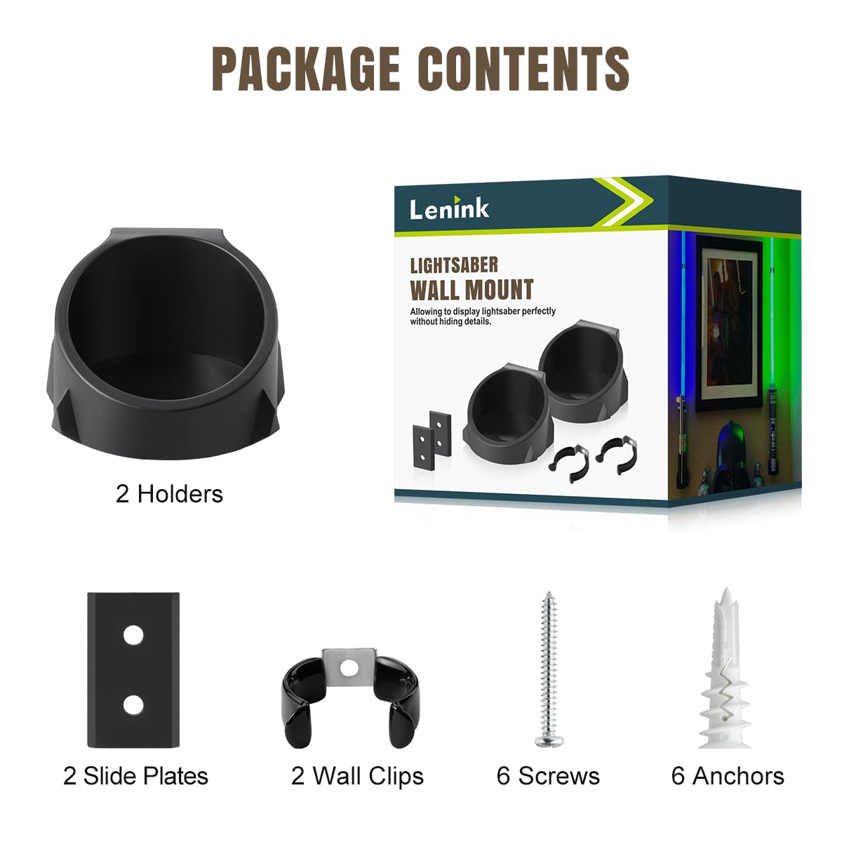 Lenink 2-Pack Lightsaber Wall Mount - Black, Compatible with Galaxy's Edge & Most Hilts