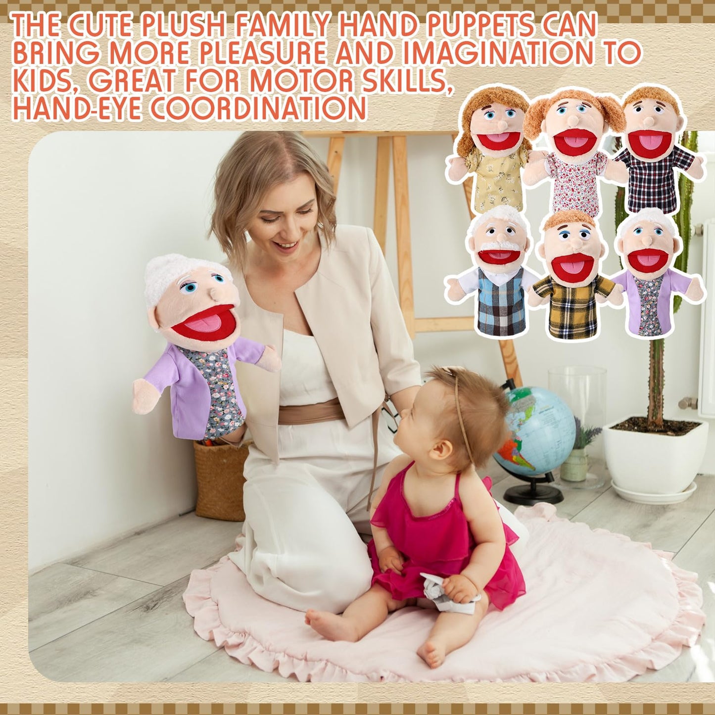 Lenwen 6-Piece Family Hand Puppet Set | Movable Mouth Plush Puppets for Kids