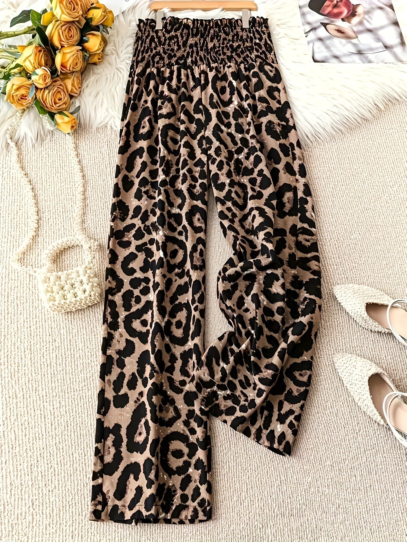 Leopard Print Elastic Waist Wide Leg Pants