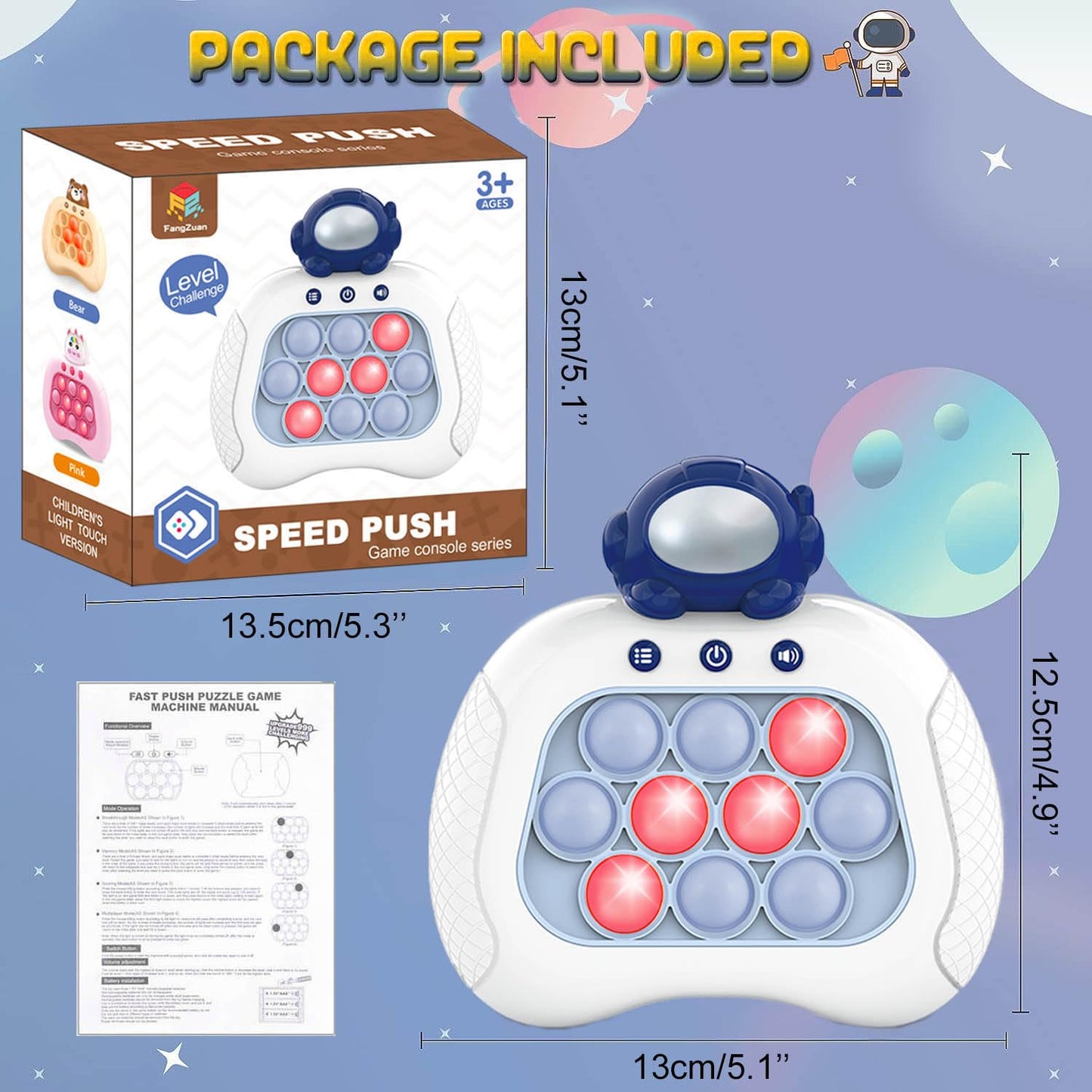 Lesipee Fast Push Game — Blue Astronaut Handheld Fidget Console | Light-Up Puzzle Toy for Ages 3–12